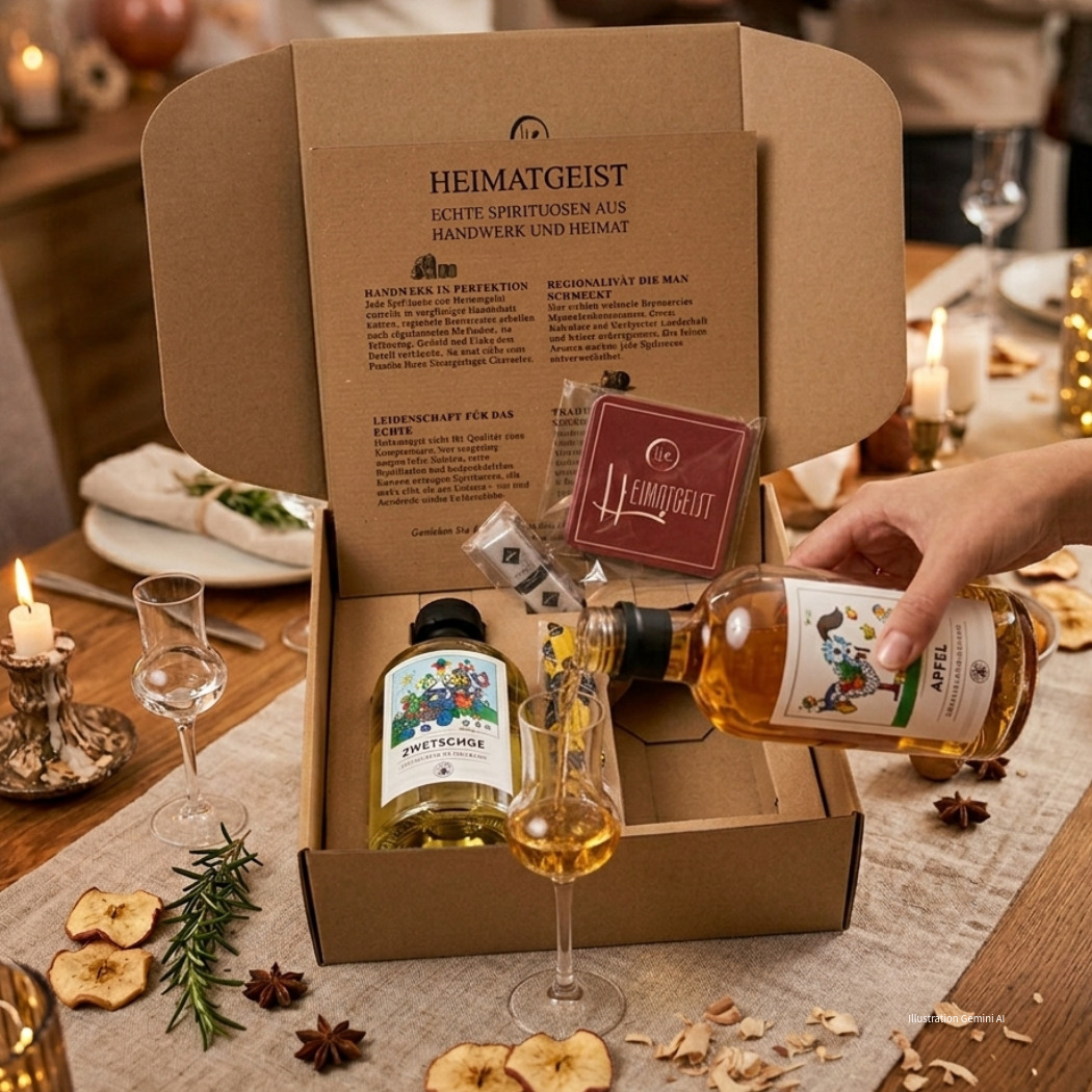 Heimatgeist Geschenkbox mit zwei Spirituosenflaschen, Gläsern und einer Broschüre auf einem festlich gedeckten Tisch.