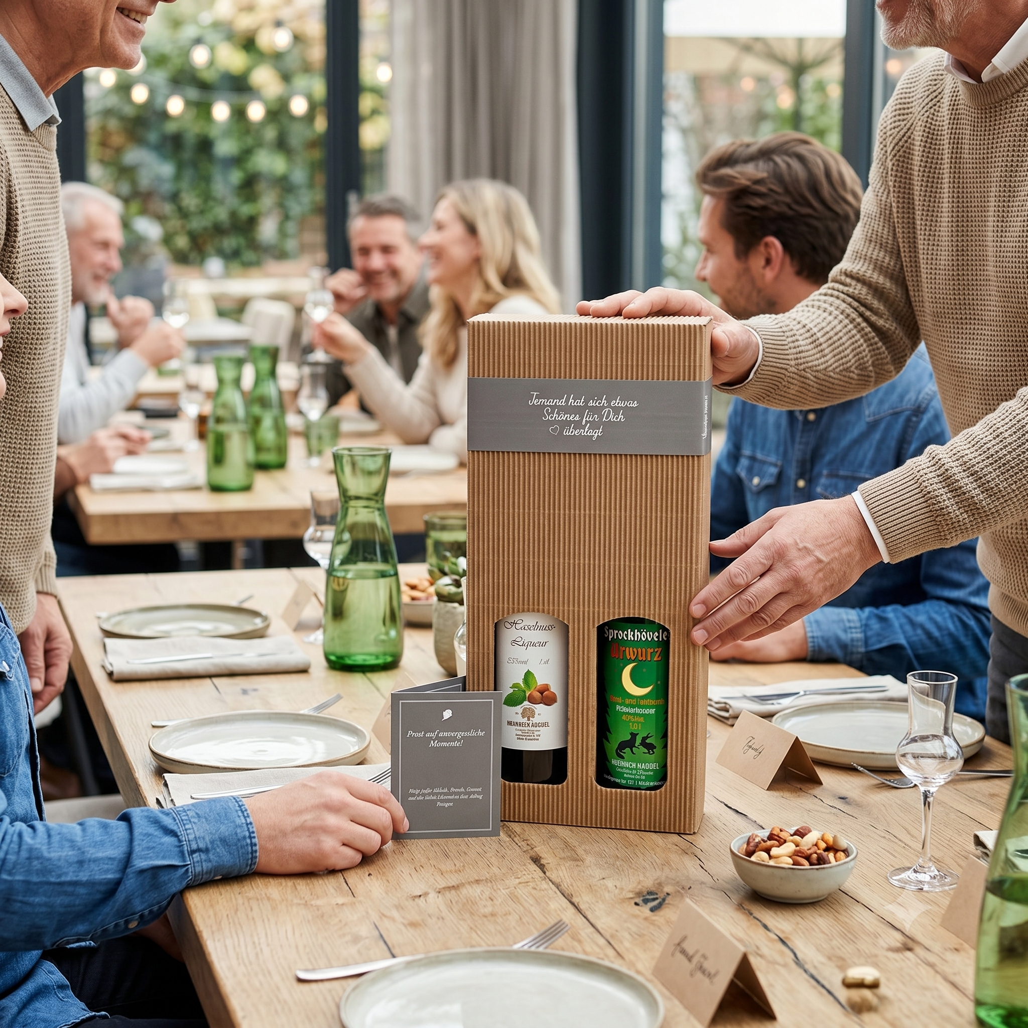 Geschenkset mit zwei Flaschen Schnaps in einer dekorativen Pappschachtel auf einem Esstisch.