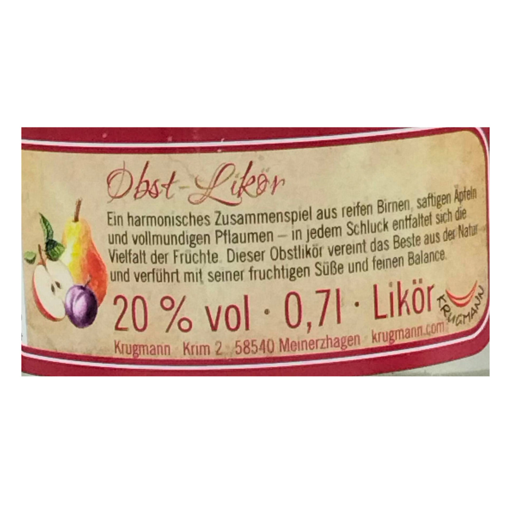 Krugmann-Fruchtliköretikett mit Birnen-, Apfel- und Pflaumenillustrationen, 20 % vol, 0,7-l-Flasche, Vintage-Papierdesign.