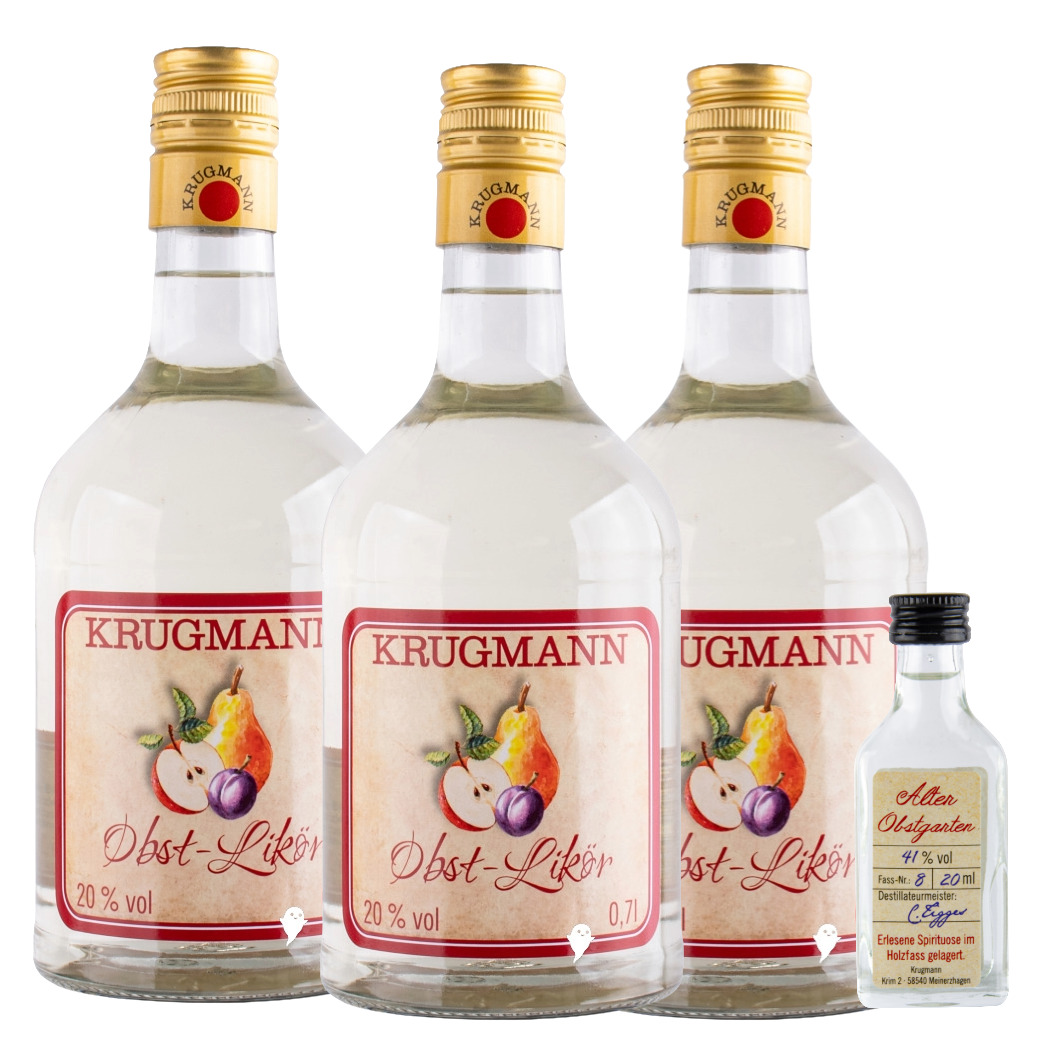 Drei Flaschen Krugmann-Fruchtlikör mit Goldverschlüssen und eine kleine 20-ml-Probierflasche Alter Obstgarten-Spirituose.