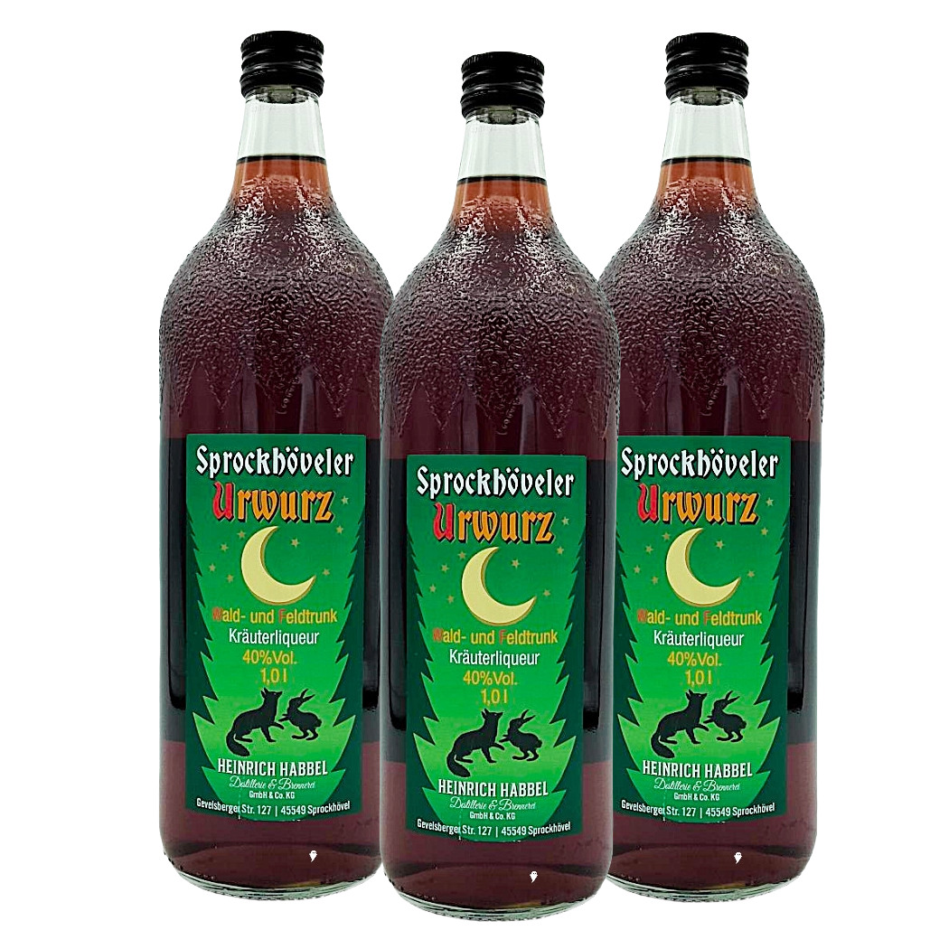 Drei Flaschen Sprockhöveler Urwurz, Kräuterlikör, 40% Vol., 1,0 l, mit grünem Etikett und Mondmotiv.