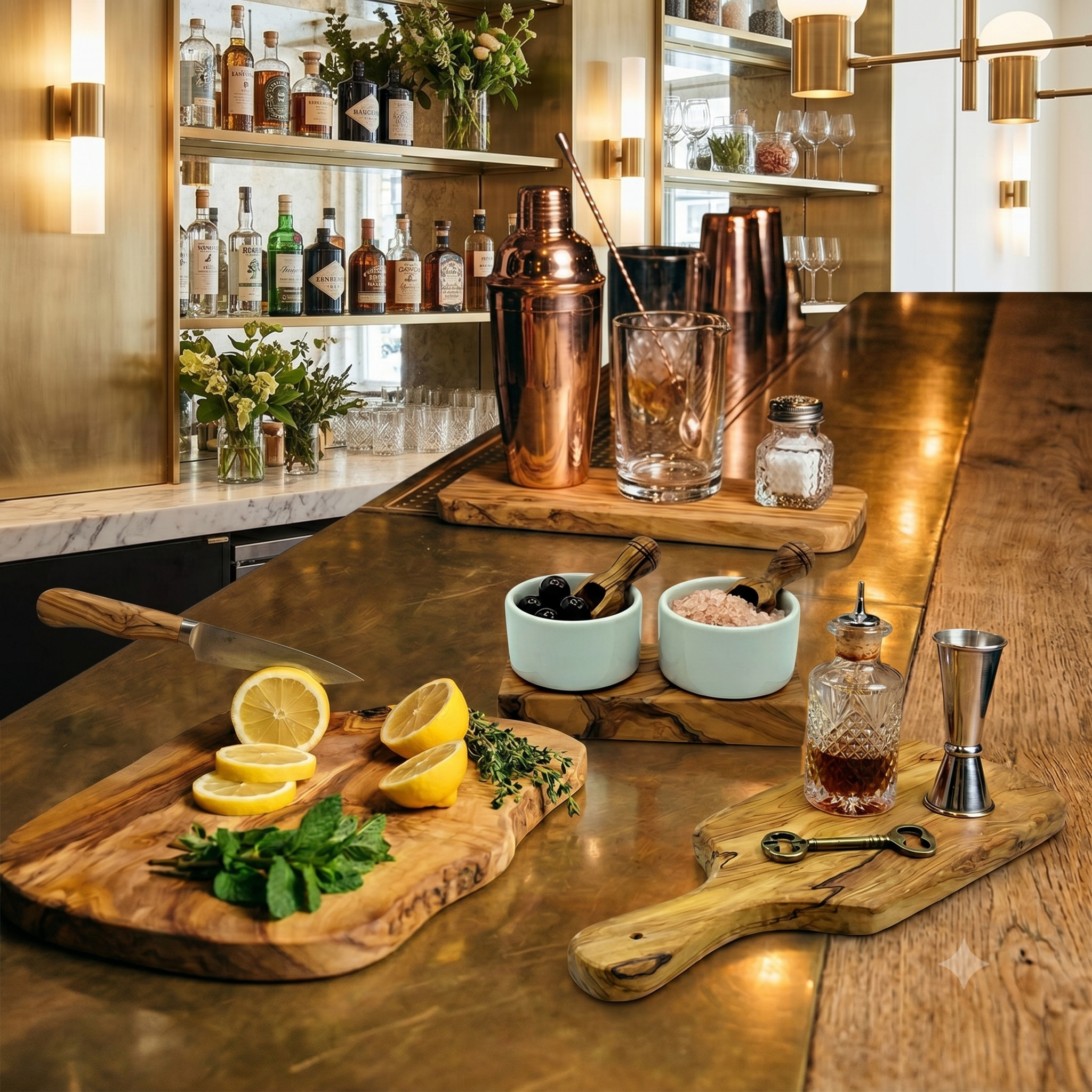 Stilvolles Bar-Setup mit Kupfershaker, frischen Zitronen, Kräutern und eleganten Glaswaren auf Holzbrettern.