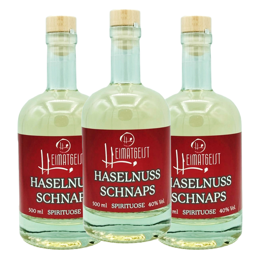 Haselnuss-Schnaps 500ml 40%vol. 3er Box + miniatur Probeflasche