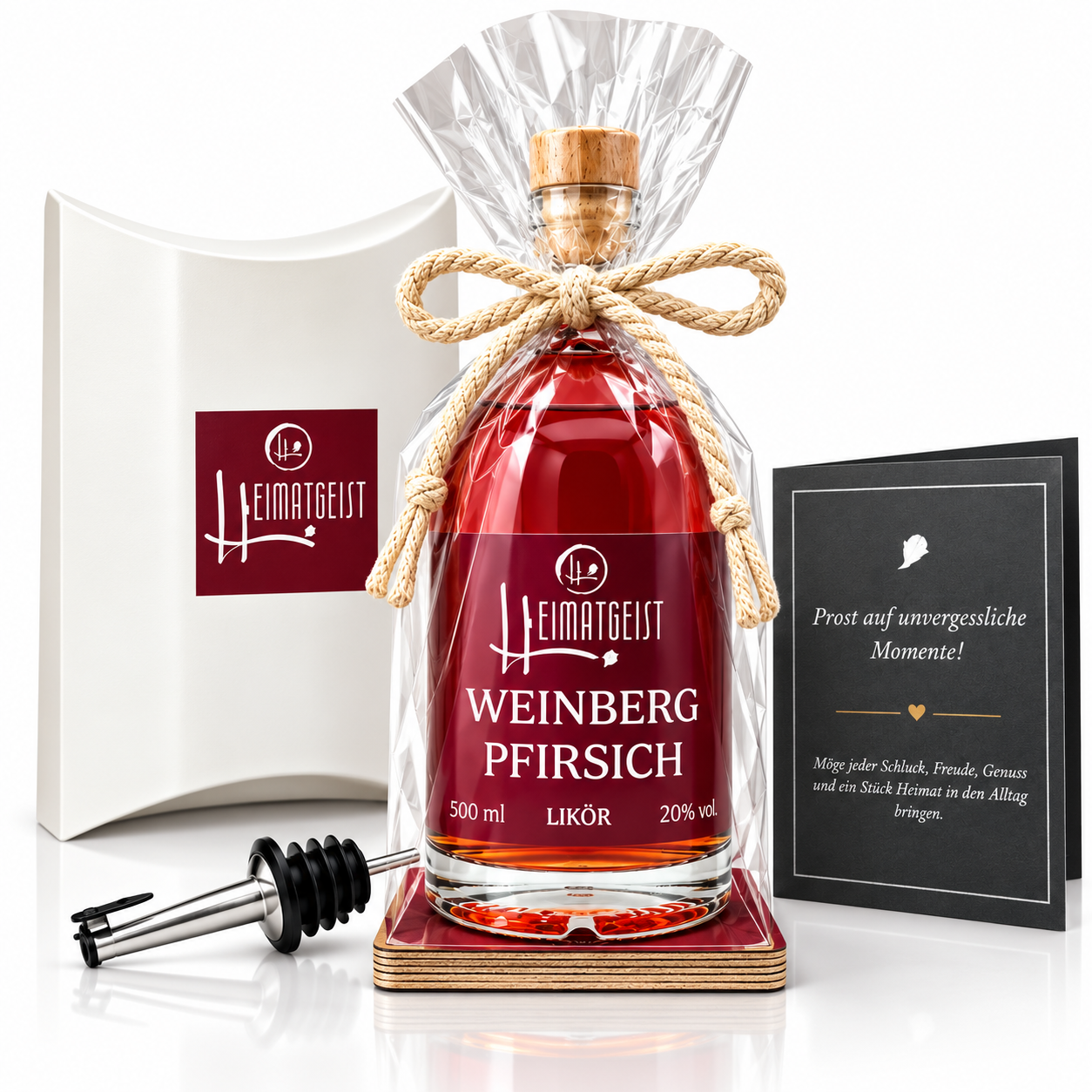Heimatgeist Weinbergpfirsichlikör Geschenkset mit Ausgießer und Grußkarte, 0,5-Liter