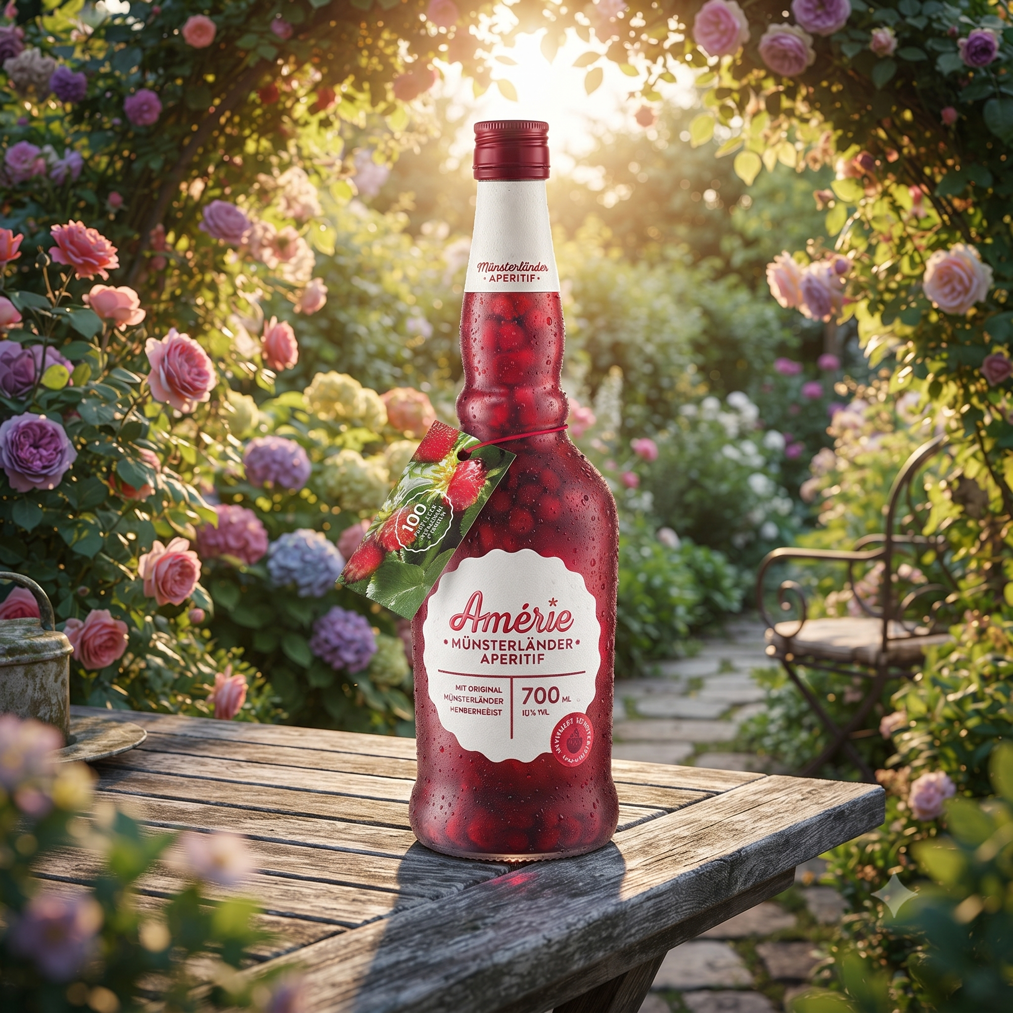 Amerie Munsterlander Aperitifflasche mit roten Beeren auf einem Holztisch in einem blühenden Sommergarten bei Sonnenuntergang.