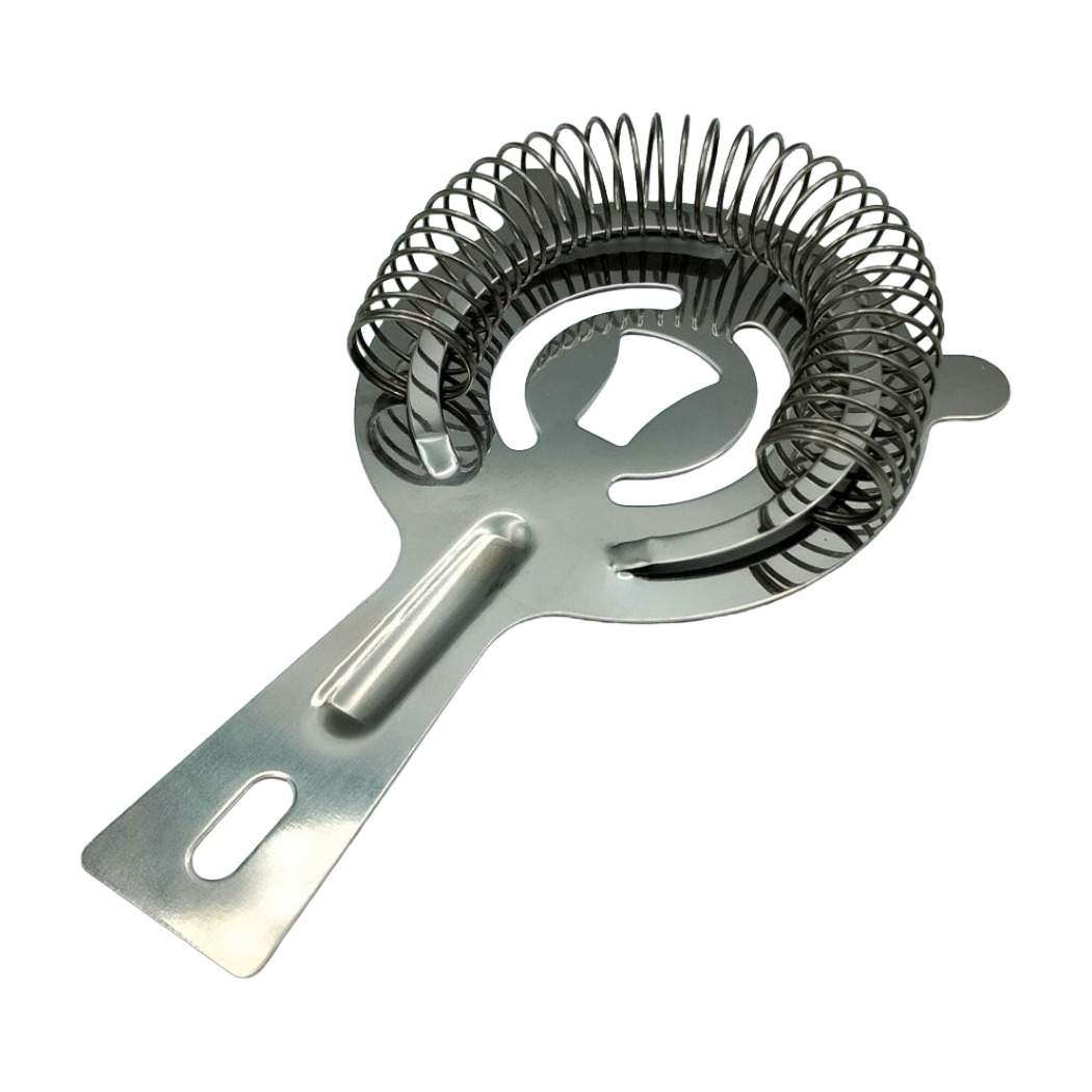 Edelstahl Cocktailstrainer mit spiralförmigem Sieb für präzises Abseihen von Getränken.