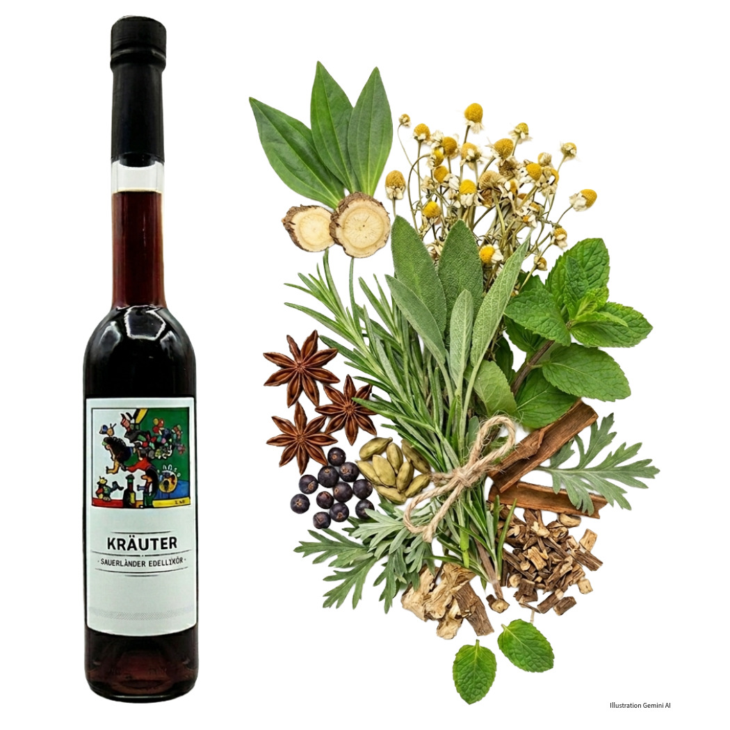 Kräuterlikörflasche mit verschiedenen frischen Kräutern und Gewürzen, darunter Minze, Anis und Zimt.