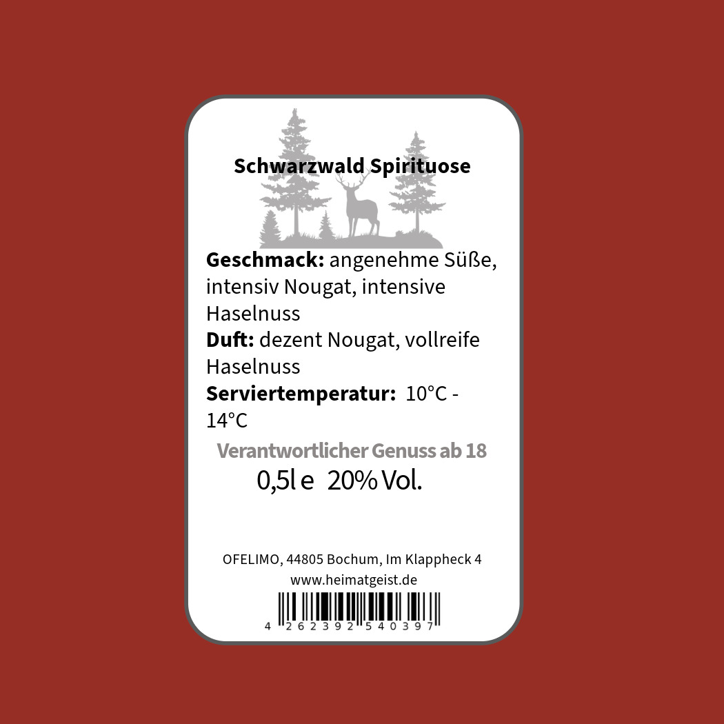 Schwarzwald Spirituose, 0,5l, 20% Vol, Geschmack: Nougat, Haselnuss, servierbar bei 10-14°C.