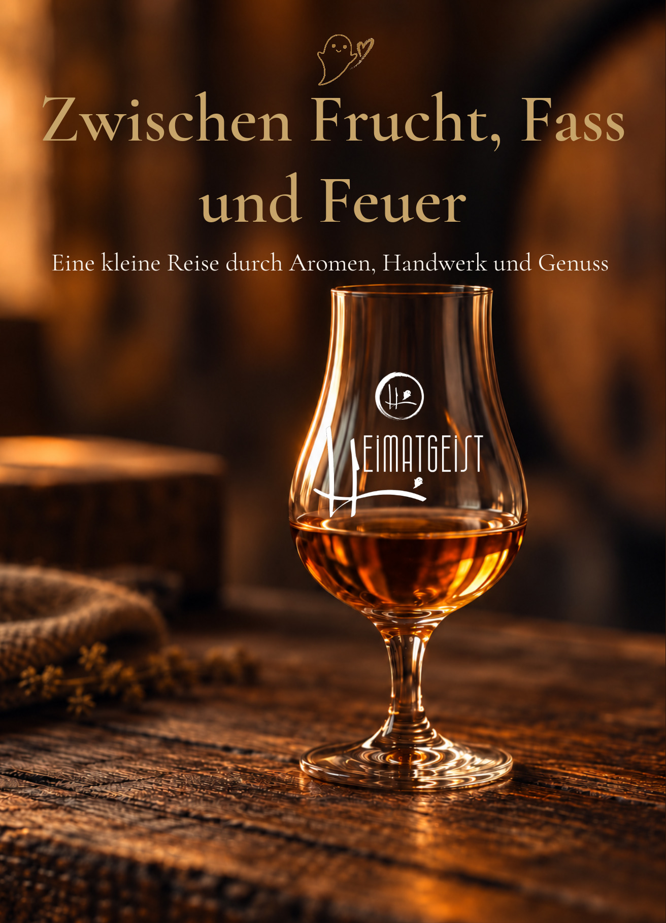 Elegantes Verkostungsglas mit Heimatgeist-Logo und bernsteinfarbenem Schnaps auf einem rustikalen Holztisch in einer schummrigen Brennerei.