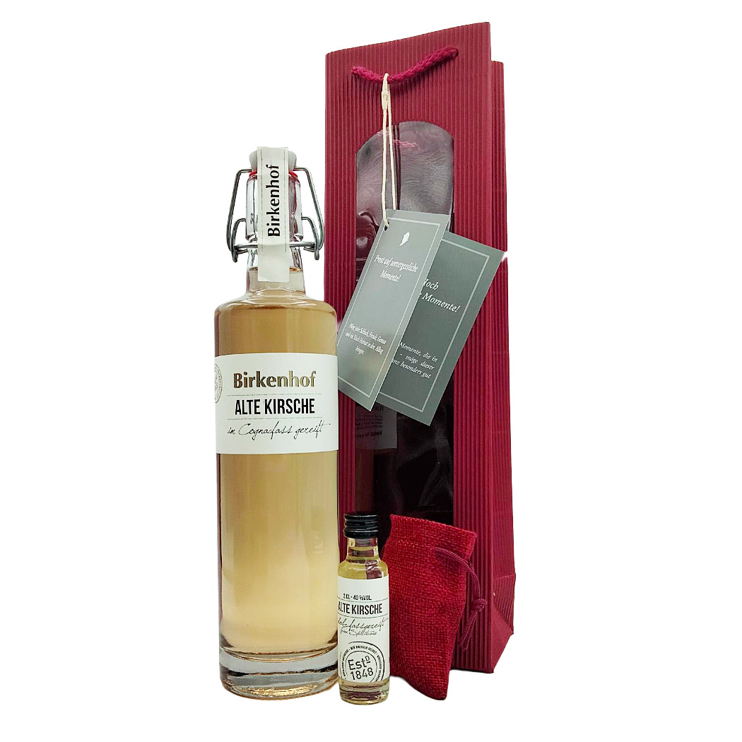 Birkenhof Alte Kirsche Geschenkset mit Butterscotch Miniatur u.Untersetzern