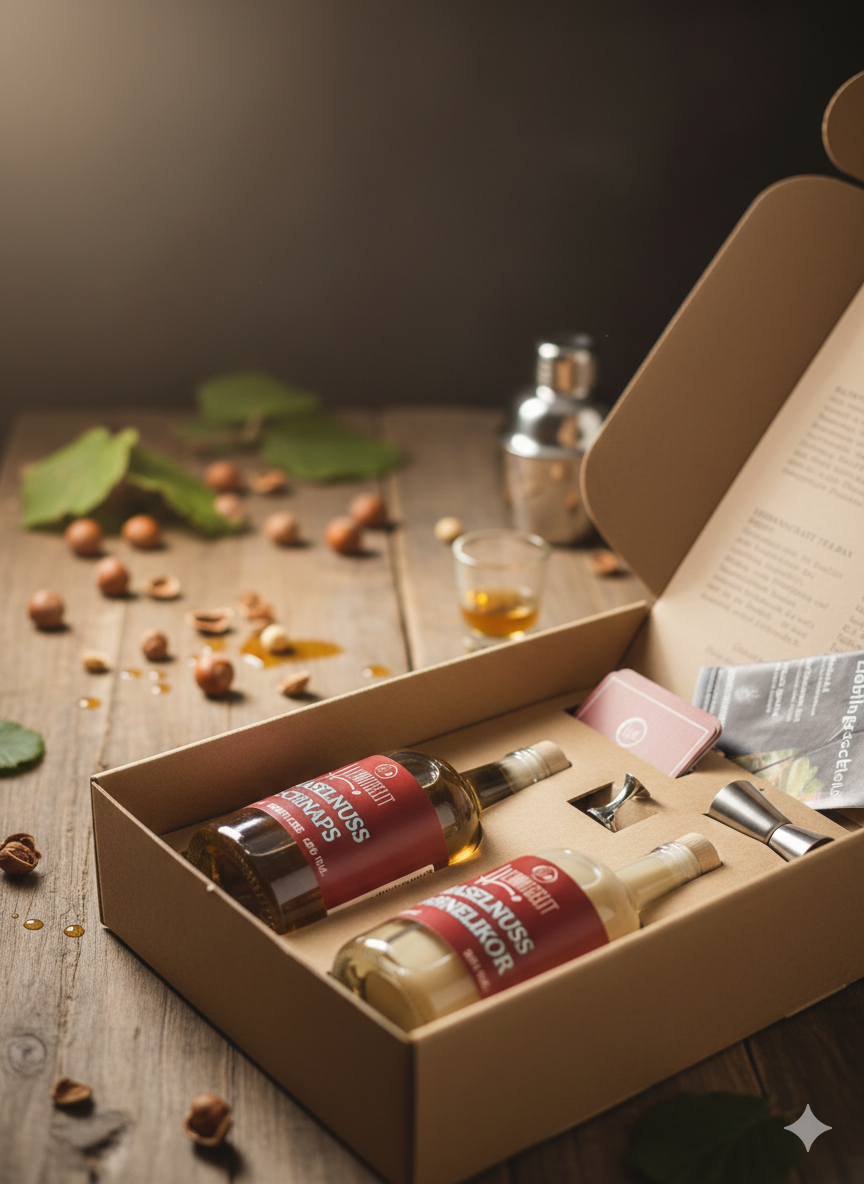 Set mit zwei Flaschen Haselnuss-Schnaps in Geschenkverpackung, inklusive Zubehör und Rezeptkarte.
