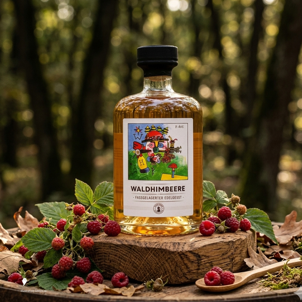 Waldhimbeere Likör in Glasflasche, goldene Farbe, mit frischen Himbeeren und Holzunterlage.