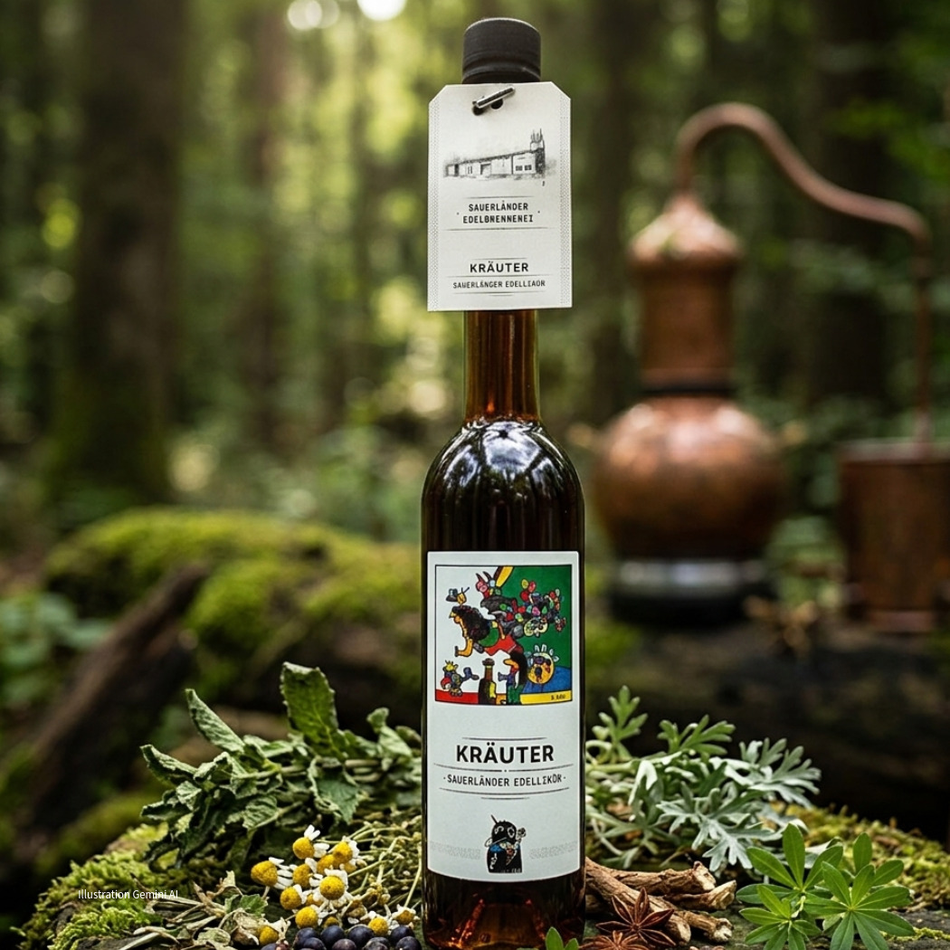 Kräuterlikör in einer eleganten Flasche mit buntem Etikett, umgeben von frischen Kräutern im Wald.