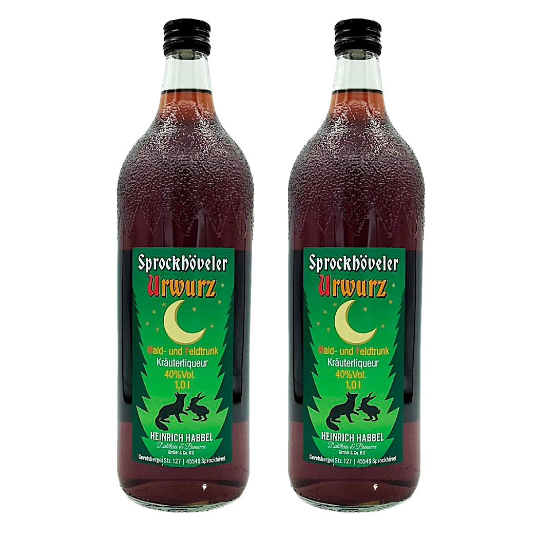 Sprockhöveler Urwurz Kräuterlikör in zwei Flaschen, 40% Vol., 1,0 l, mit grünem Etikett und Mondmotiv.