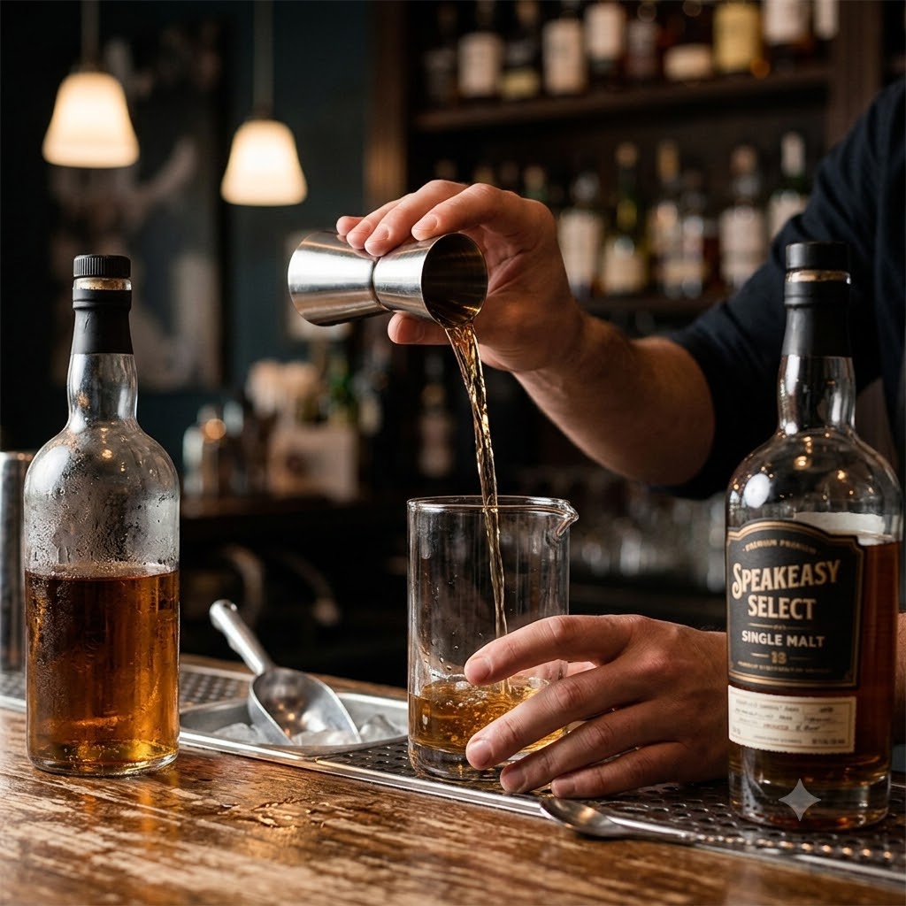 Barkeeper gießt Speakeasy Select Single Malt Whisky mit einem Messbecher in ein Glas.