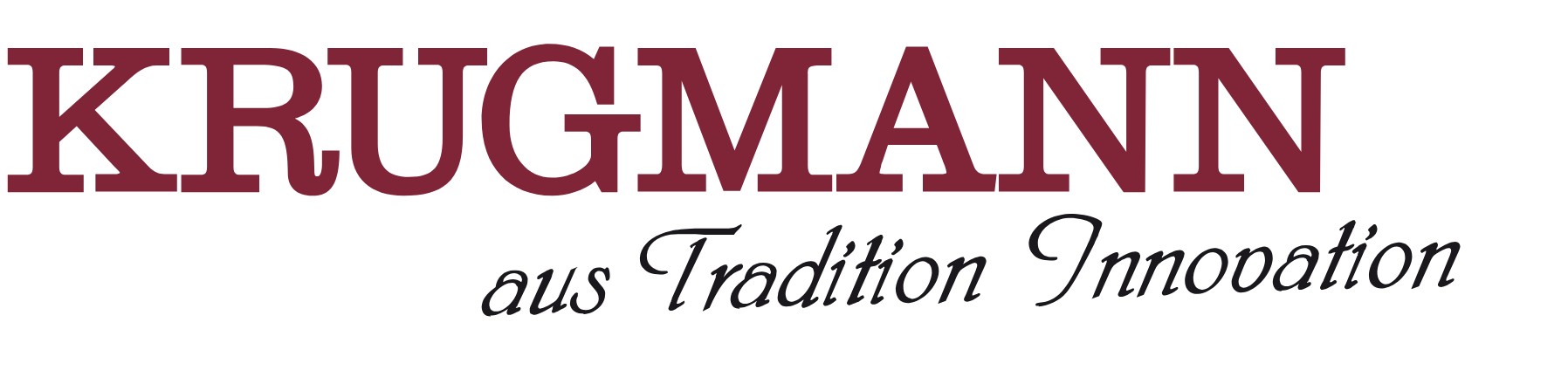 KRUGMANN-Markenlogo in kräftiger dunkelroter Serifenschrift mit dem Slogan „Aus Tradition Innovation“ in eleganter schwarzer Schrift.