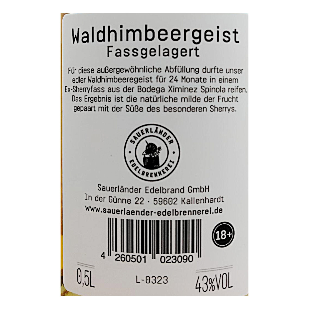 Waldhimbeergeist, 0,5L, 43% Vol, Fassgelagert, edler Obstbrand mit Sherry-Aromen.