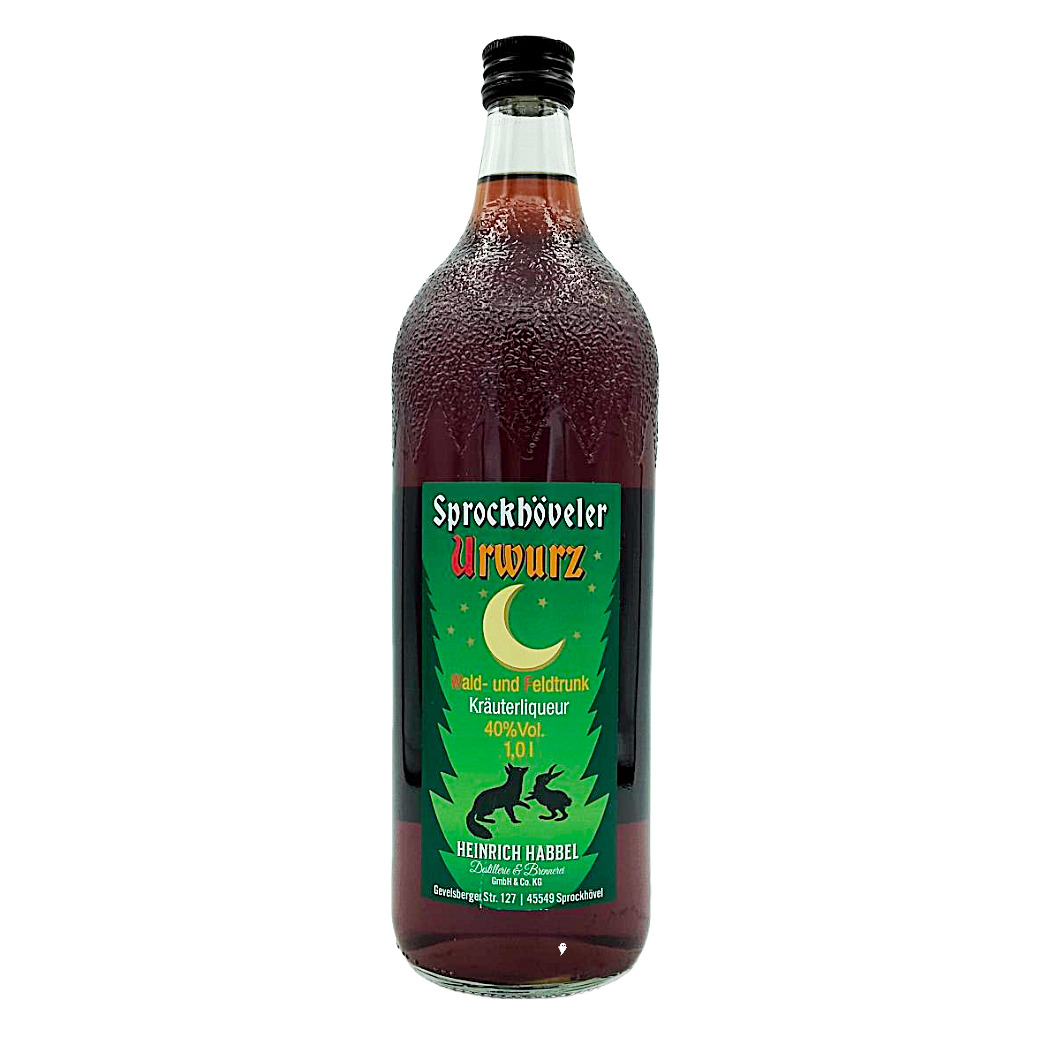 Sprockhöveler Urwurz Kräuterlikör in 1 Liter Flasche, 40% Vol., mit grünem Etikett und Mondmotiv.
