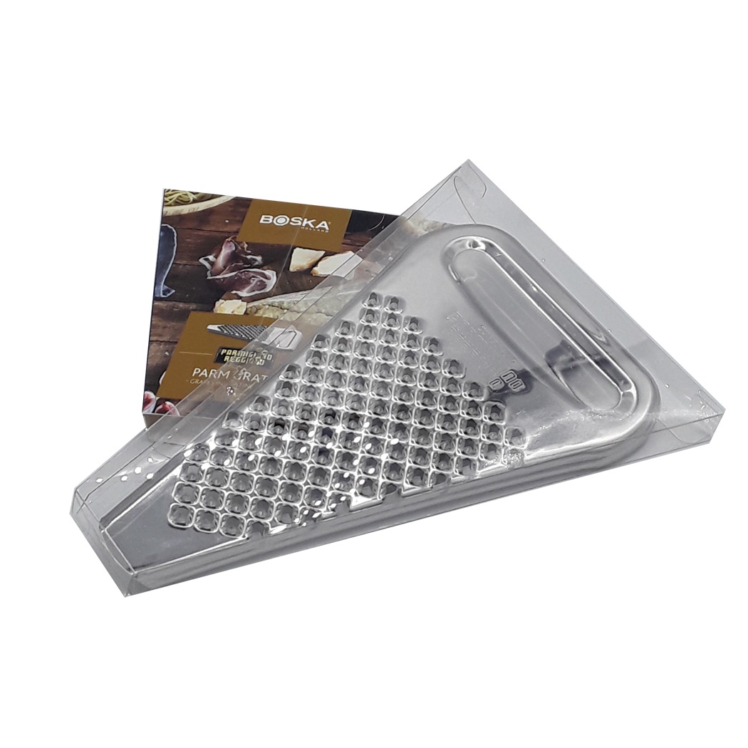 BOSKA Parmesanreibe aus Edelstahl mit ergonomischem Griff, ideal zum Reiben von Käse und anderen Lebensmitteln.