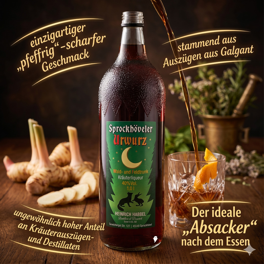 Sprockhöveler Urwurz Kräuterlikör in einer 1-Liter-Flasche, dunkelrot, mit grüner Etikettierung.
