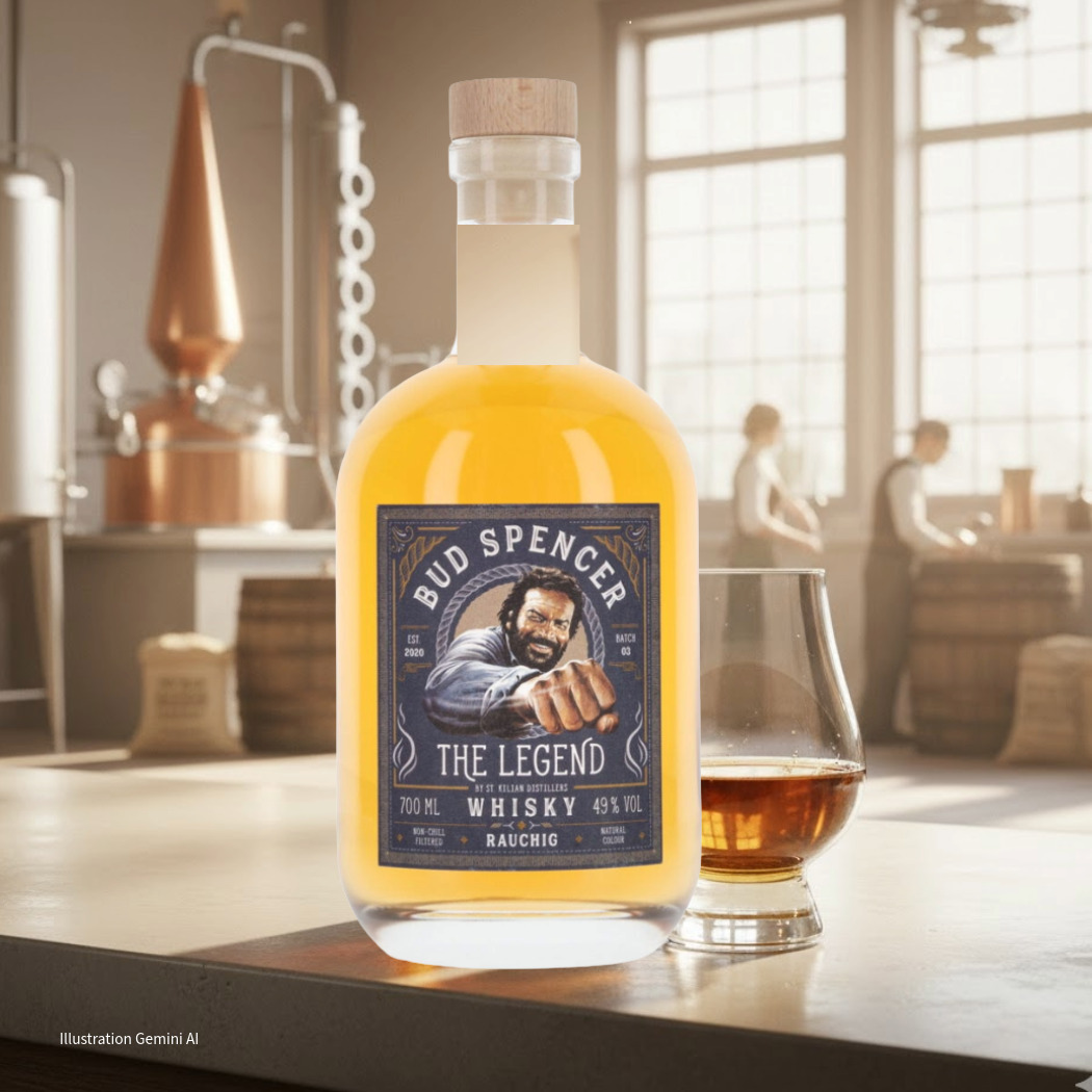 Bud Spencer Whiskey 'The Legend', 700 ml, 49% Vol, mit charakteristischem Etikett und goldenem Inhalt.