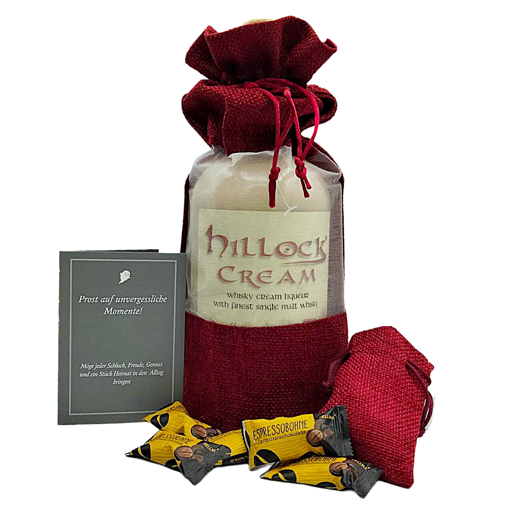 Habbel Hillock Cream Whisky-Sahnelikör Geschenkset mit schokolierten Espressobohnen