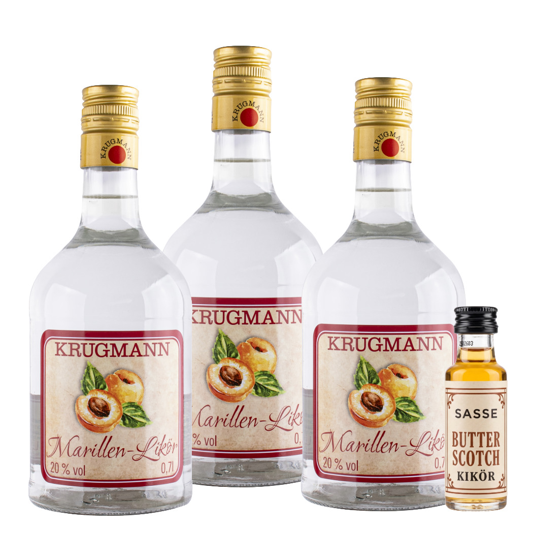 Drei Flaschen Krugmann Marillen-Likör mit Goldverschlüssen und eine kleine Flasche Sasse Butter Scotch-Likör.