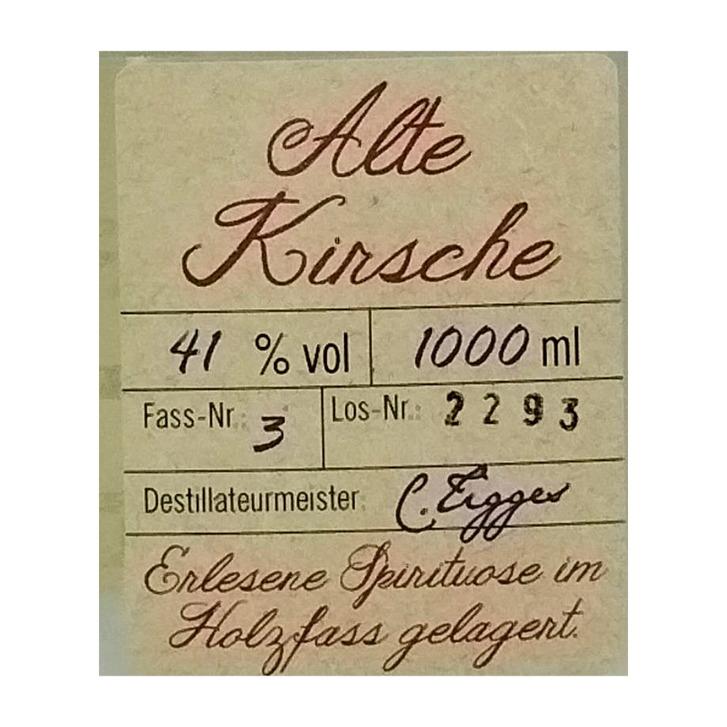 Alte Kirsch-Spirituose, 41 % vol, 1000 ml, Holzfass gelagert, Fass-Nr. 3, Los-Nr. 2293.