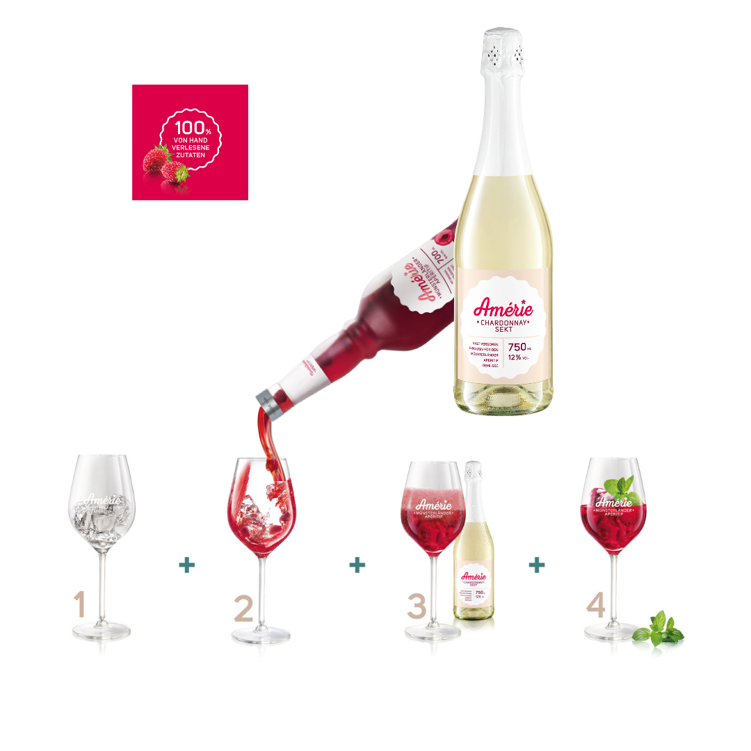 Amerie Chardonnay Sekt- und Aperitifflaschen mit Schritt-für-Schritt-Anleitung zur Zubereitung eines erfrischenden Beerencocktails.