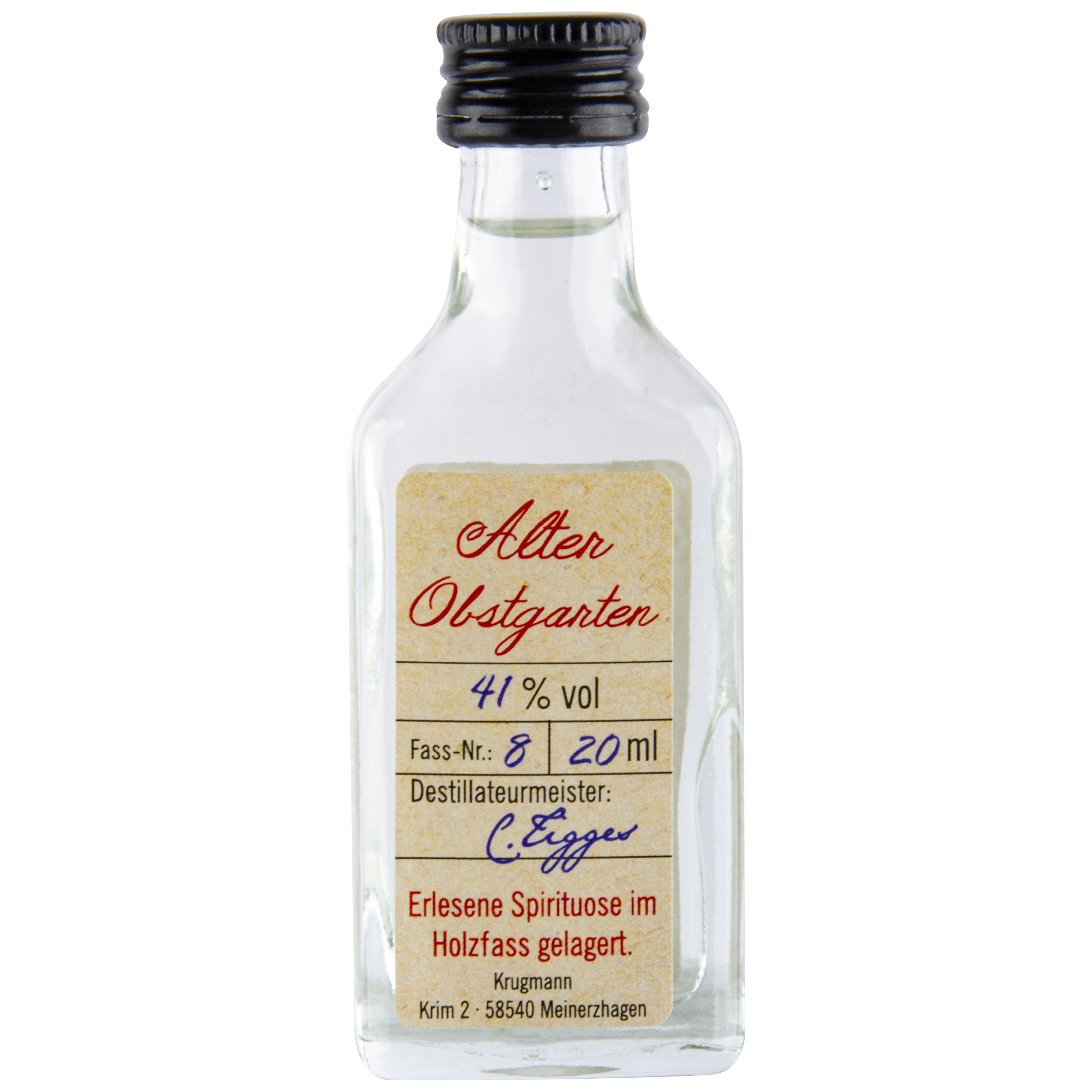Kleine 20-ml-Glasflasche Alter Obstgarten-Spirituose, 41 % vol, mit schwarzem Schraubverschluss und ausführlichem Produktetikett.