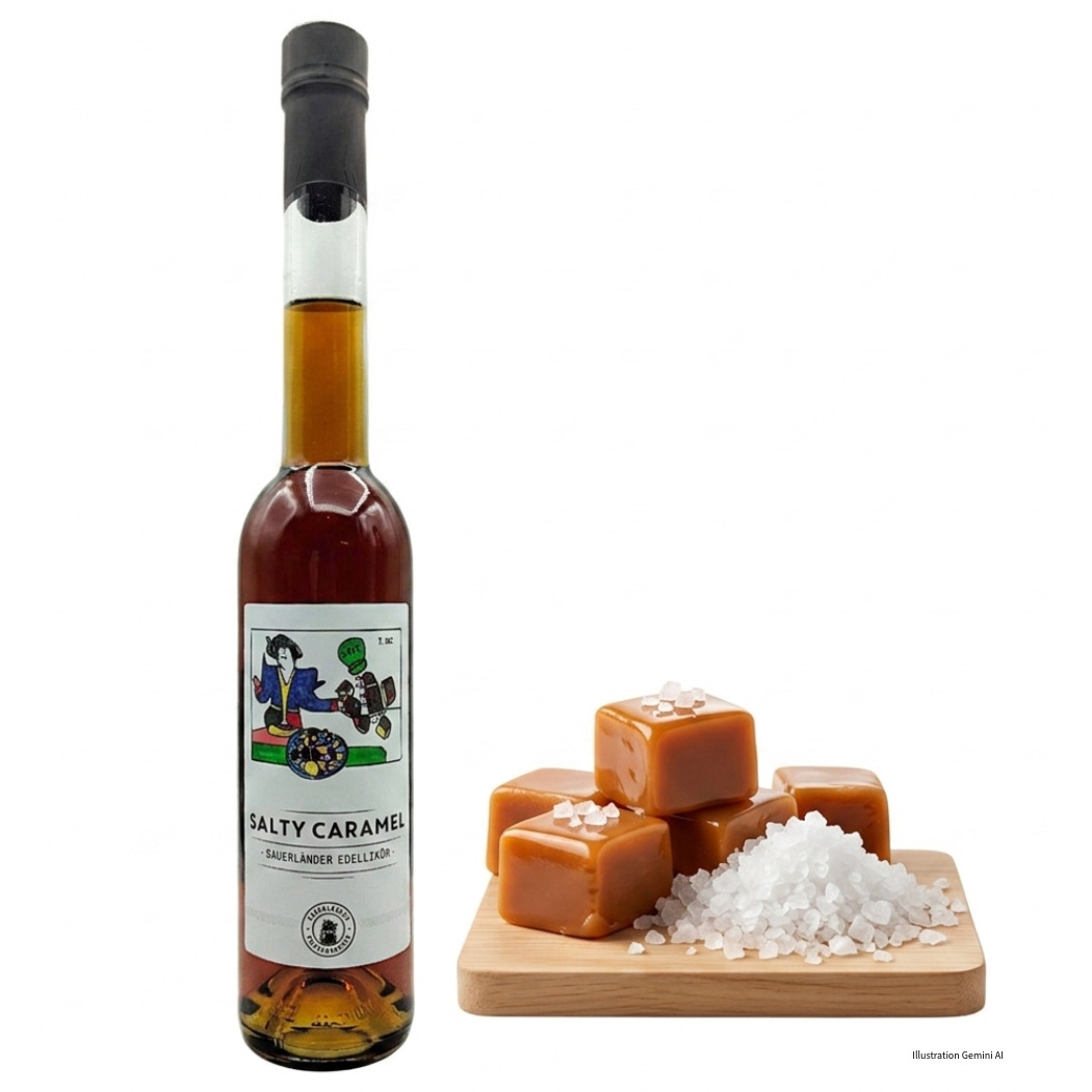 Salziger Karamelllikör in einer Flasche mit Karamellwürfeln und Meersalz auf einem Holzbrett.