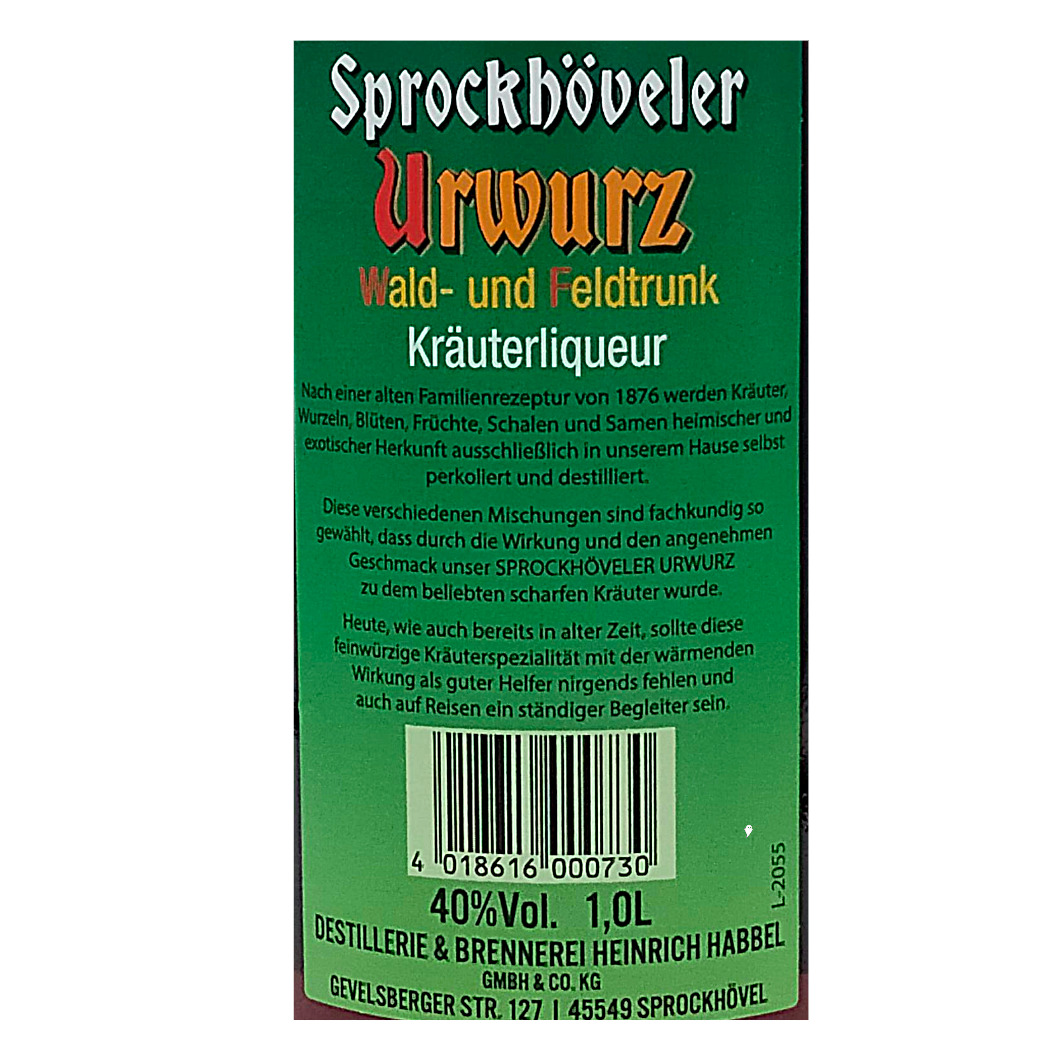 Sprockhöveler Urwurz Kräuterlikör in grüner Flasche, 1 Liter, 40% Vol., traditionelle Rezeptur.