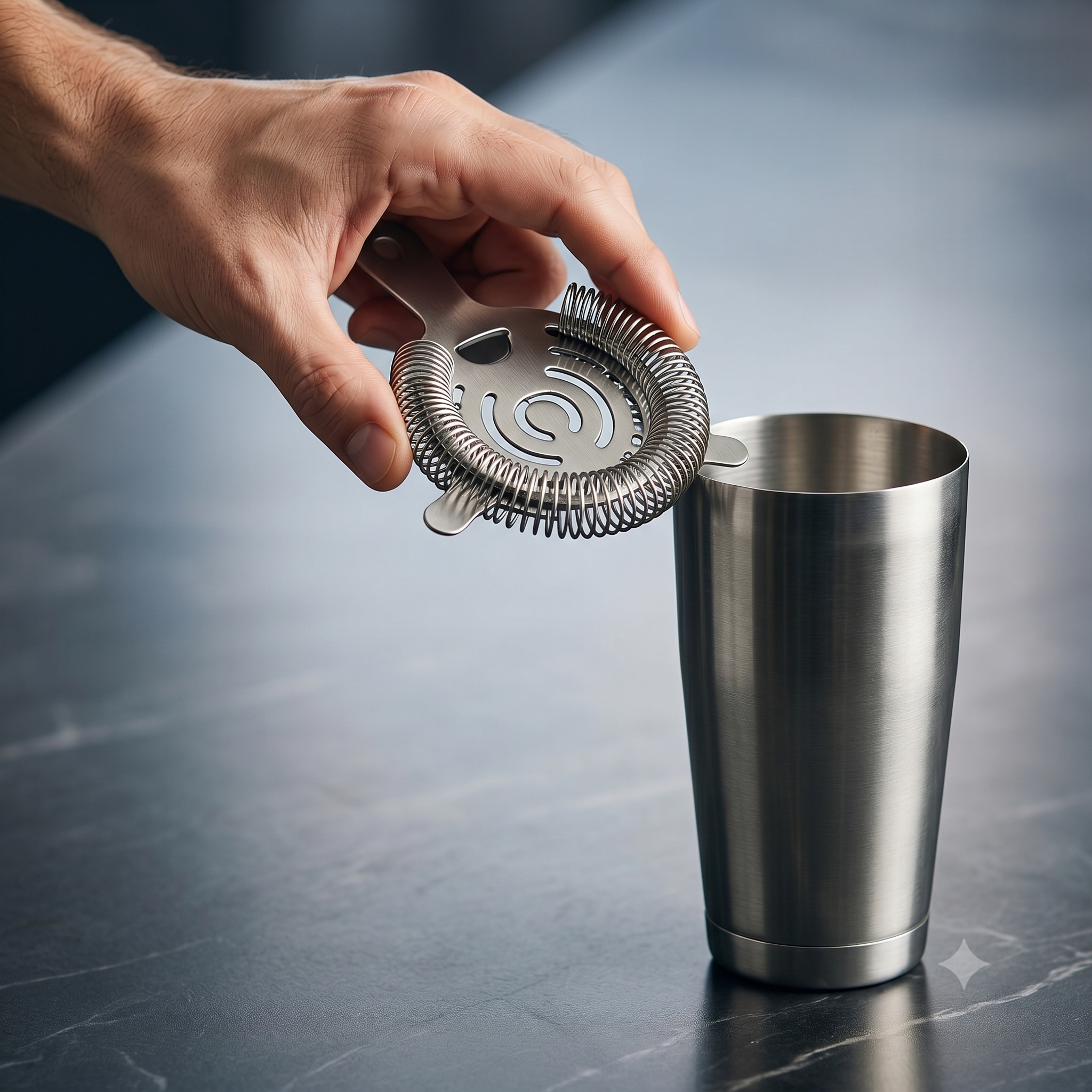 Edelstahl Cocktail-Sieb wird über einem glänzenden Shaker gehalten, ideal für Mixgetränke.