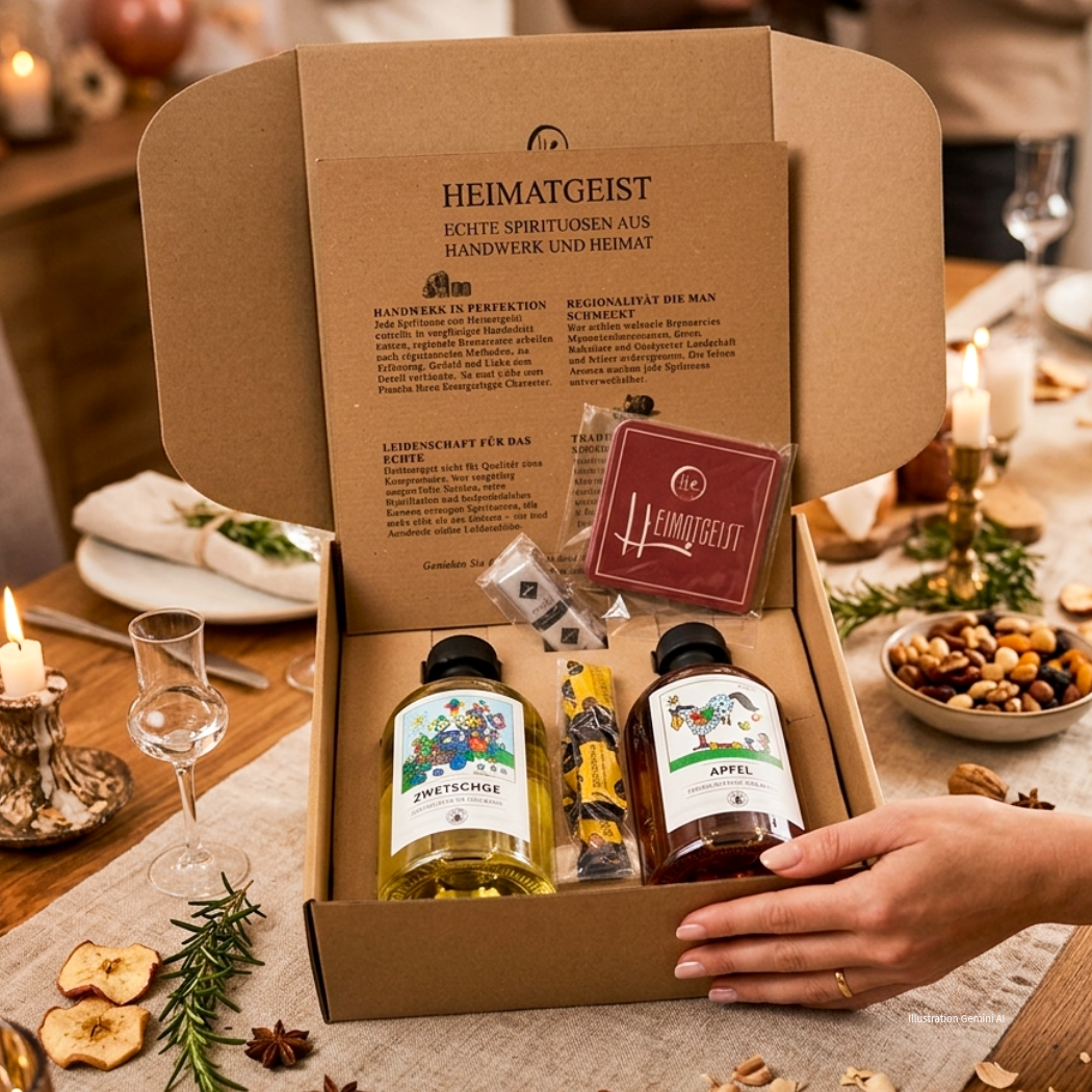 Heimatgeist Geschenkbox mit Zwetschge und Apfel Spirituosen, handgefertigt, in dekorativer Verpackung.