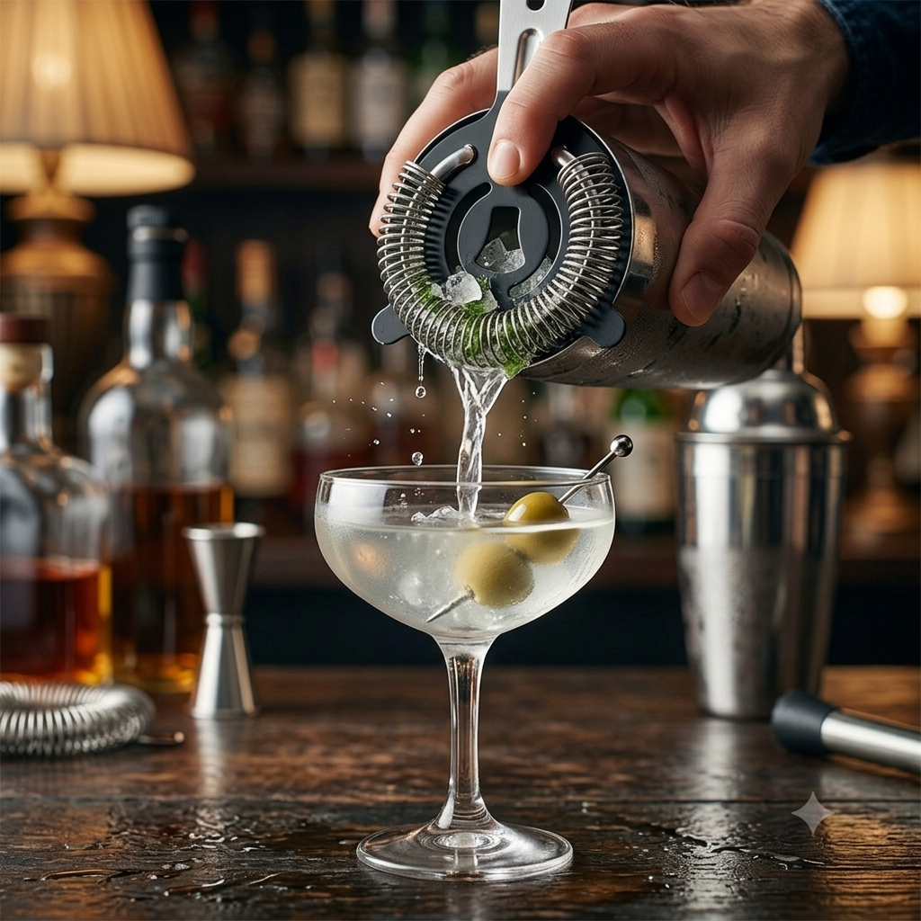 Cocktail mit Oliven wird aus einem Shaker in ein elegantes Glas gegossen, Barhintergrund.