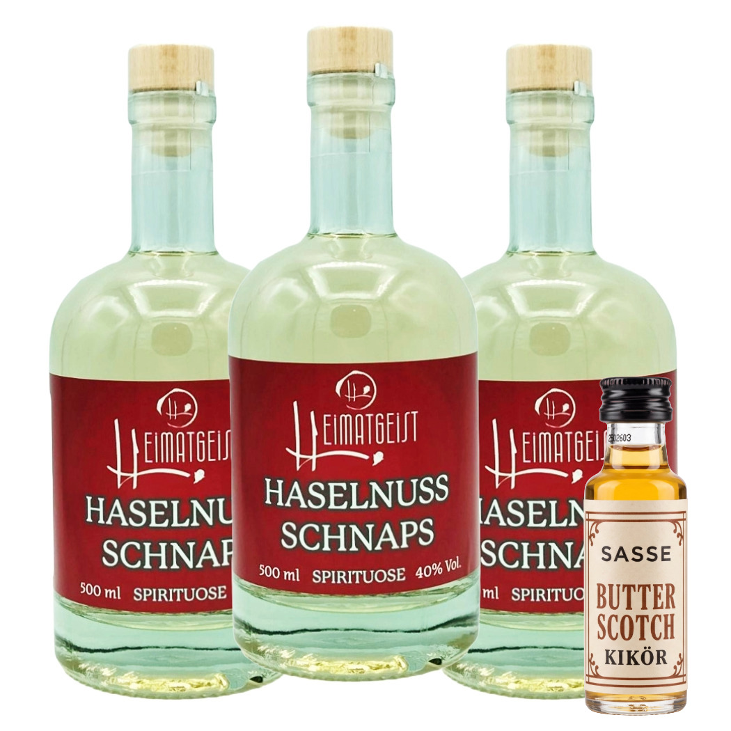 Haselnuss-Schnaps 500ml 40%vol. 3er Box + miniatur Probeflasche