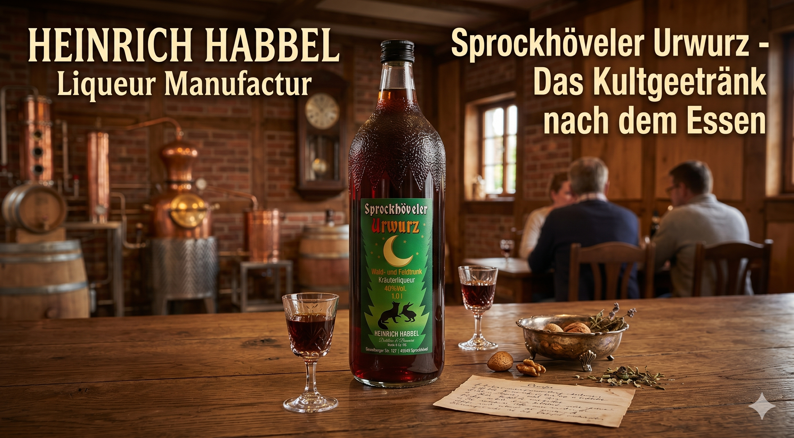 Sprockhöveler Urwurz Likör in einer Flasche, serviert mit einem Glas und Nüssen auf einem Holztisch.