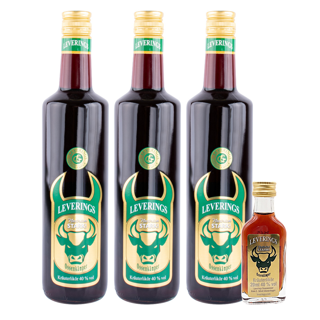 Leverings Ossenkämper Kräuterlikör 3×0,7L mit Gratis-Miniatur