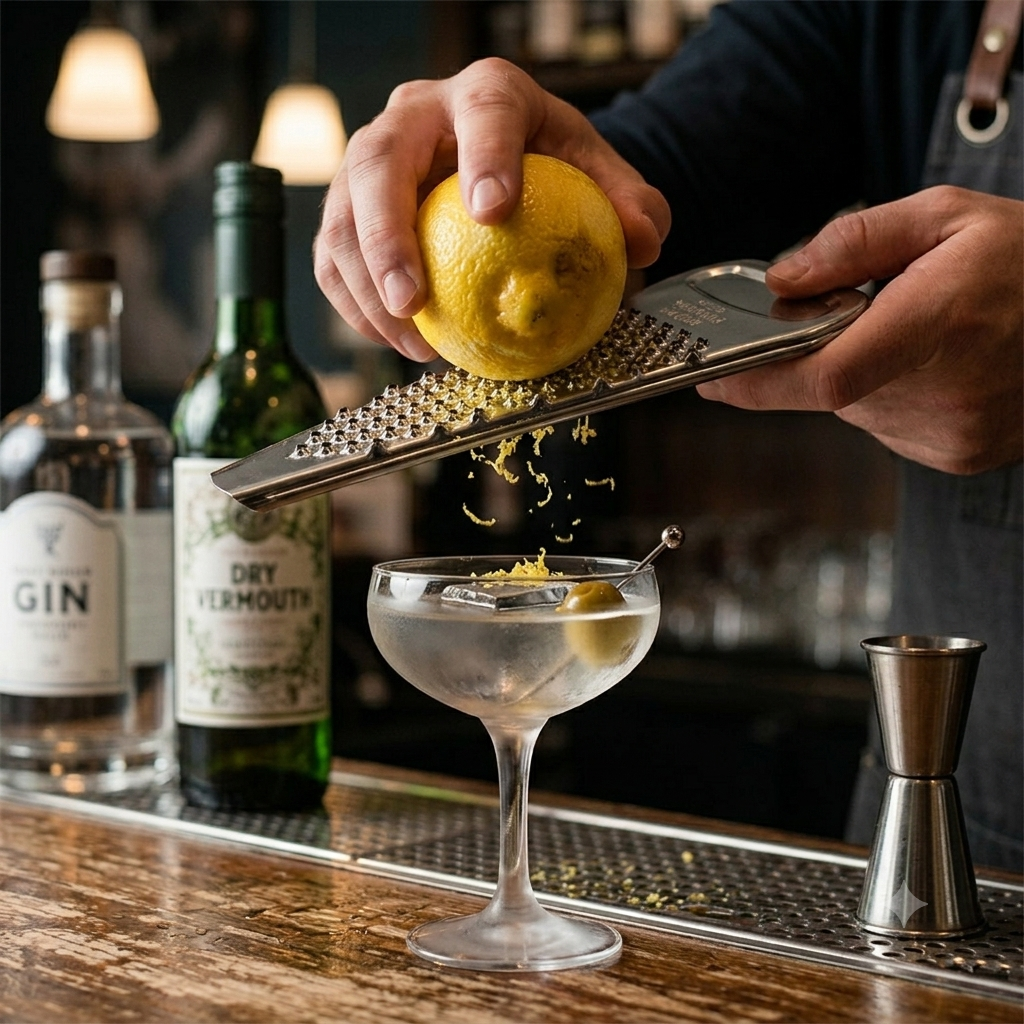 Barkeeper reibt Zitronenschale über einem Cocktail in einem Glas, umgeben von Gin- und Wermutflaschen.