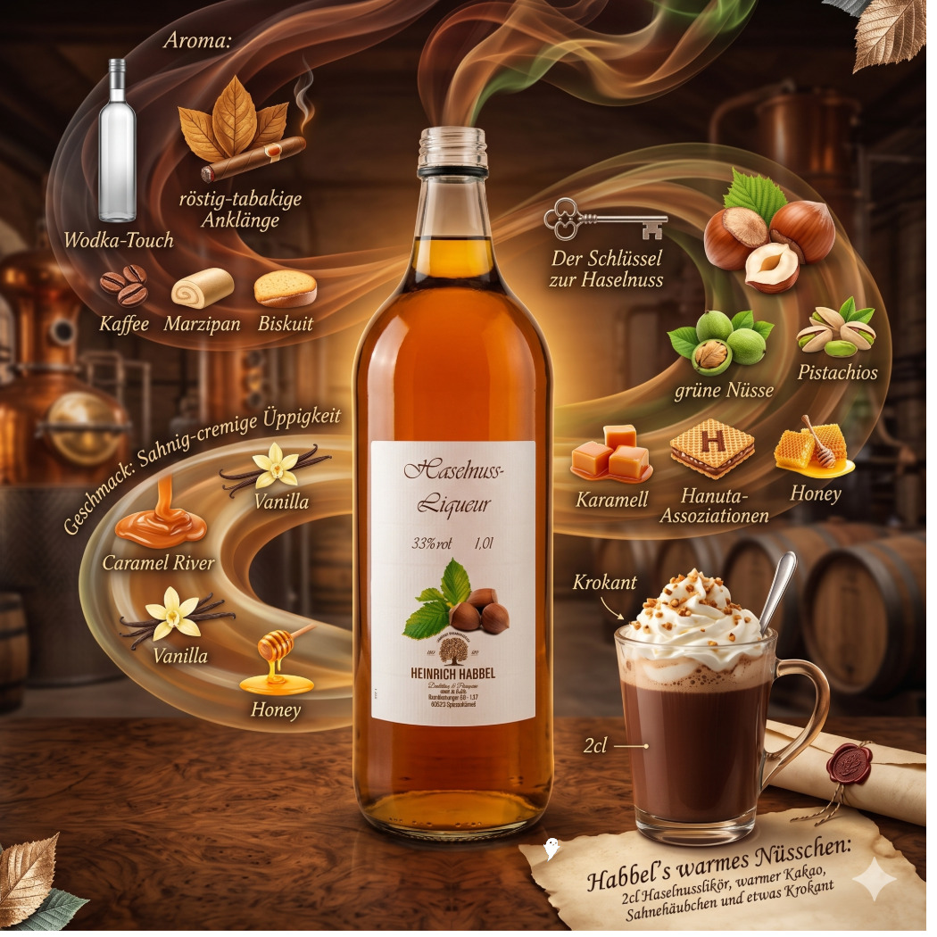 Haselnuss-Likör in einer 1,01 Liter Flasche, 33% vol, mit Aromen von Kaffee, Vanille und Karamell.