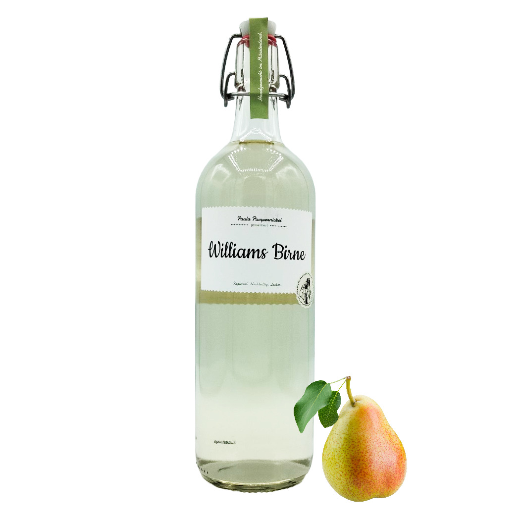 Flasche Williams Birne Schnaps, klar, mit einer reifen Birne daneben, elegantes Design.