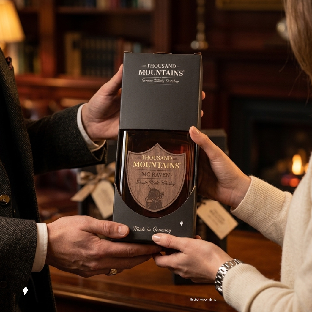 Thousand Mountains MC Raven Single Malt Whisky in eleganter Verpackung, hergestellt in Deutschland.
