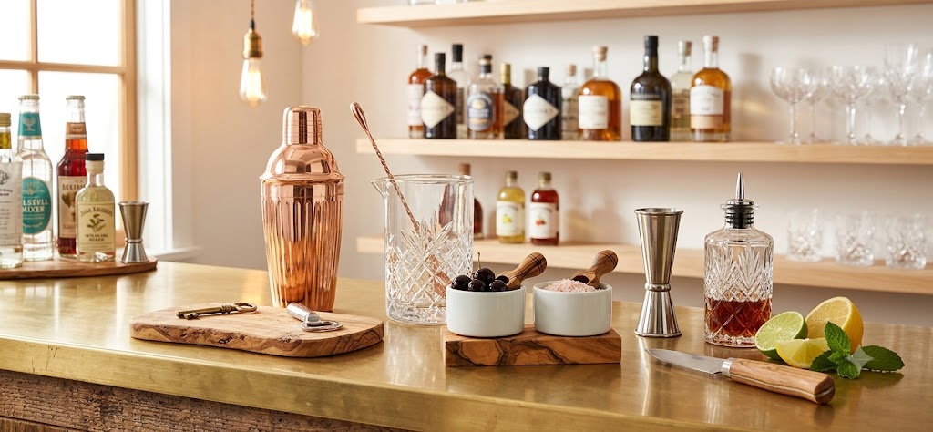 Kupferner Cocktailshaker, Gläser, Zutaten und Barwerkzeuge auf einer eleganten Theke.