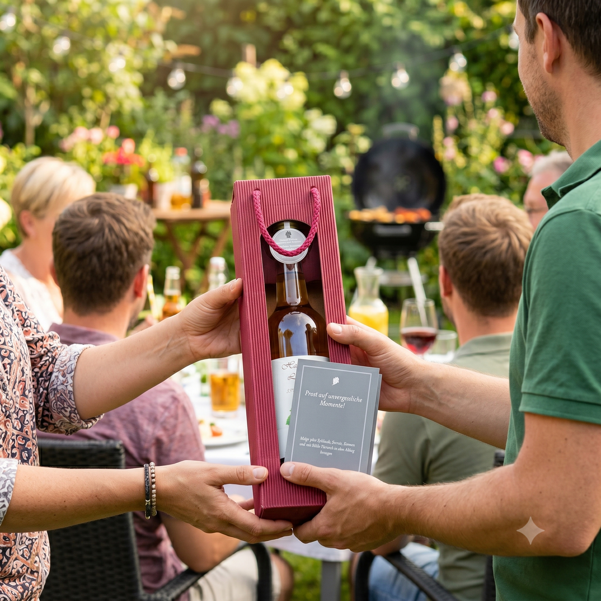 Elegante Geschenkverpackung mit Flasche und Karte für besondere Anlässe im Garten.