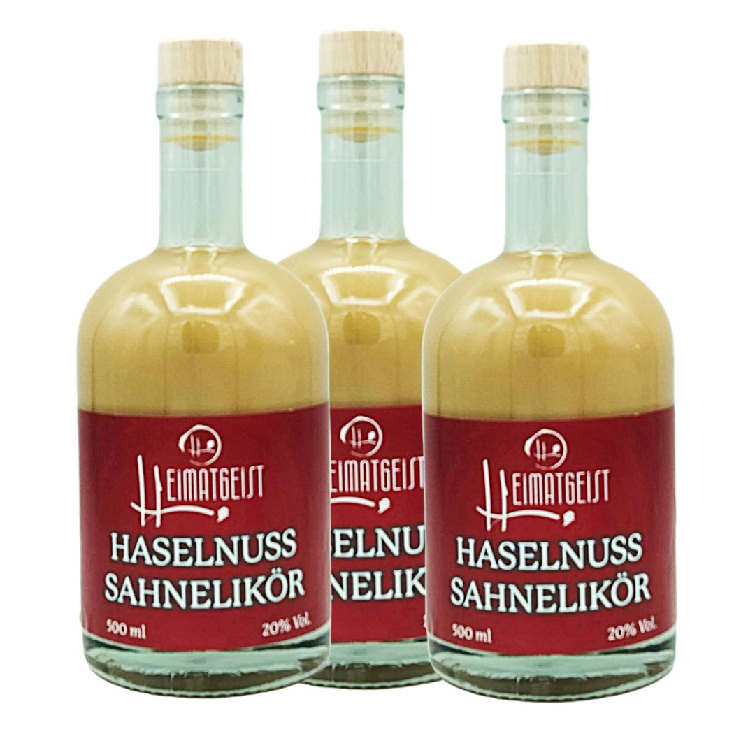 Haselnuss-Sahnelikör 500ml, 20%vol. 3er Box + miniatur Probeflasche