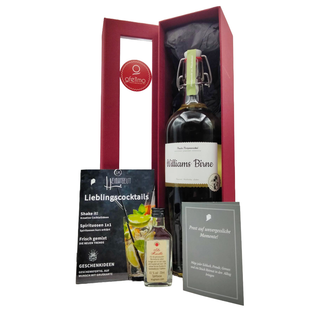 Geschenkset mit Williams Birne Likör, Cocktailrezepten und Miniaturflasche in roter Geschenkbox.