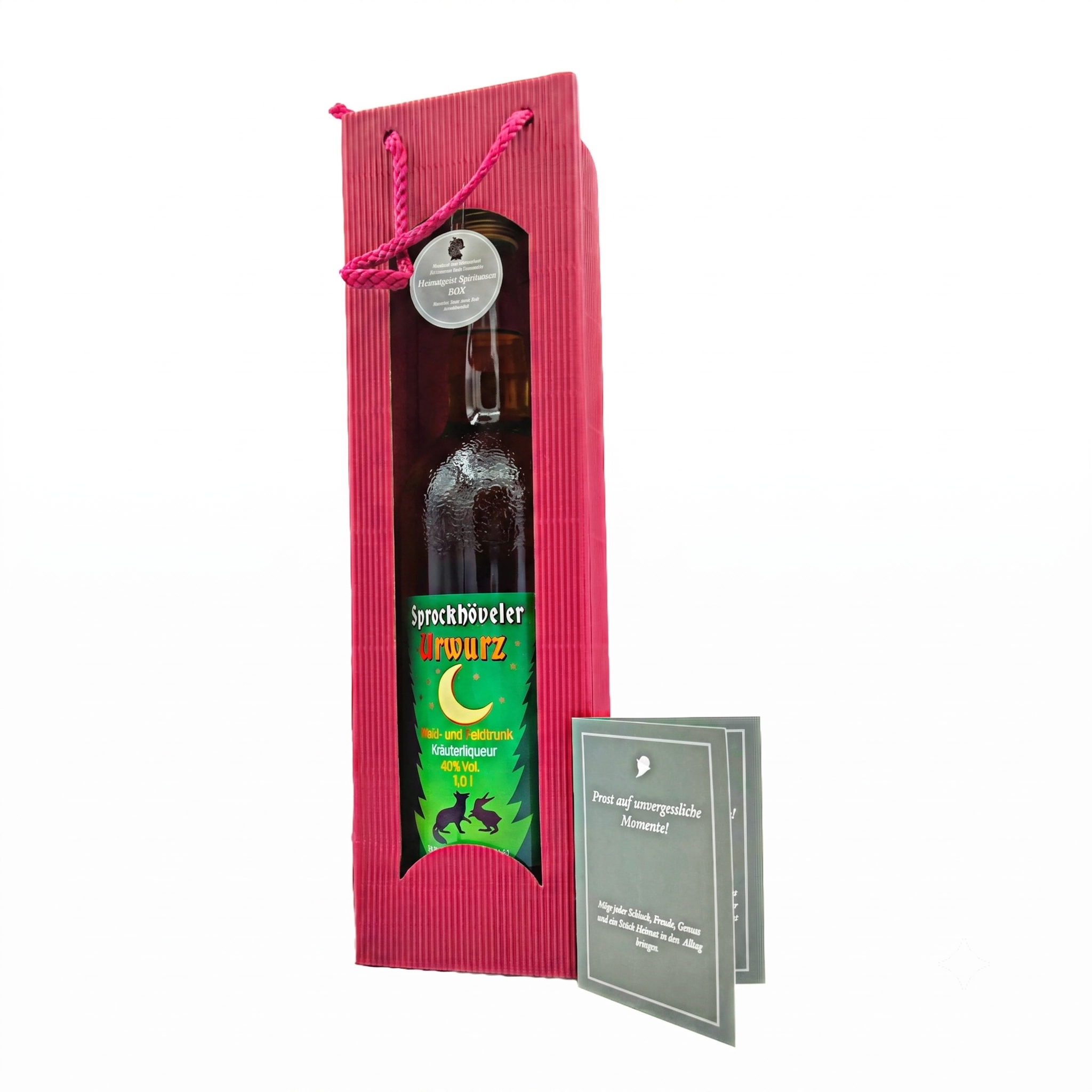 Sprockhöveler Urwurz Kräuterlikör in pinker Geschenkverpackung, 40 % Vol., 10 cl, mit Grußkarte.