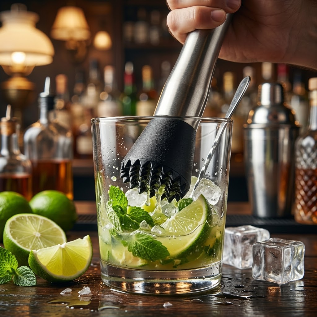 Cocktailzubereitung mit Limetten, Minze und Eis in einem Glas, Stößel aus Edelstahl.