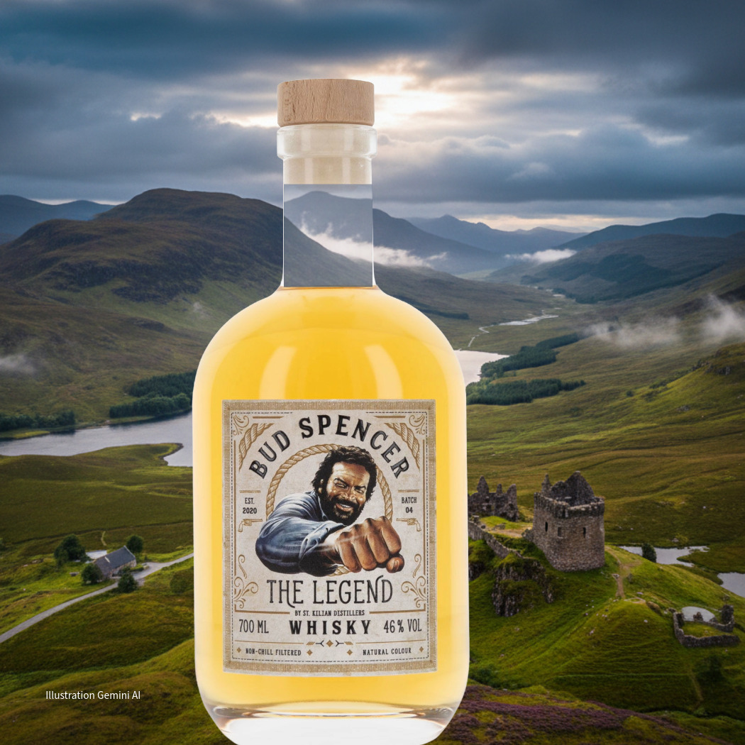 Bud Spencer Whiskey in einer eleganten Flasche, 700 ml, 46 % Vol., goldene Farbe, mit charakteristischem Etikett.