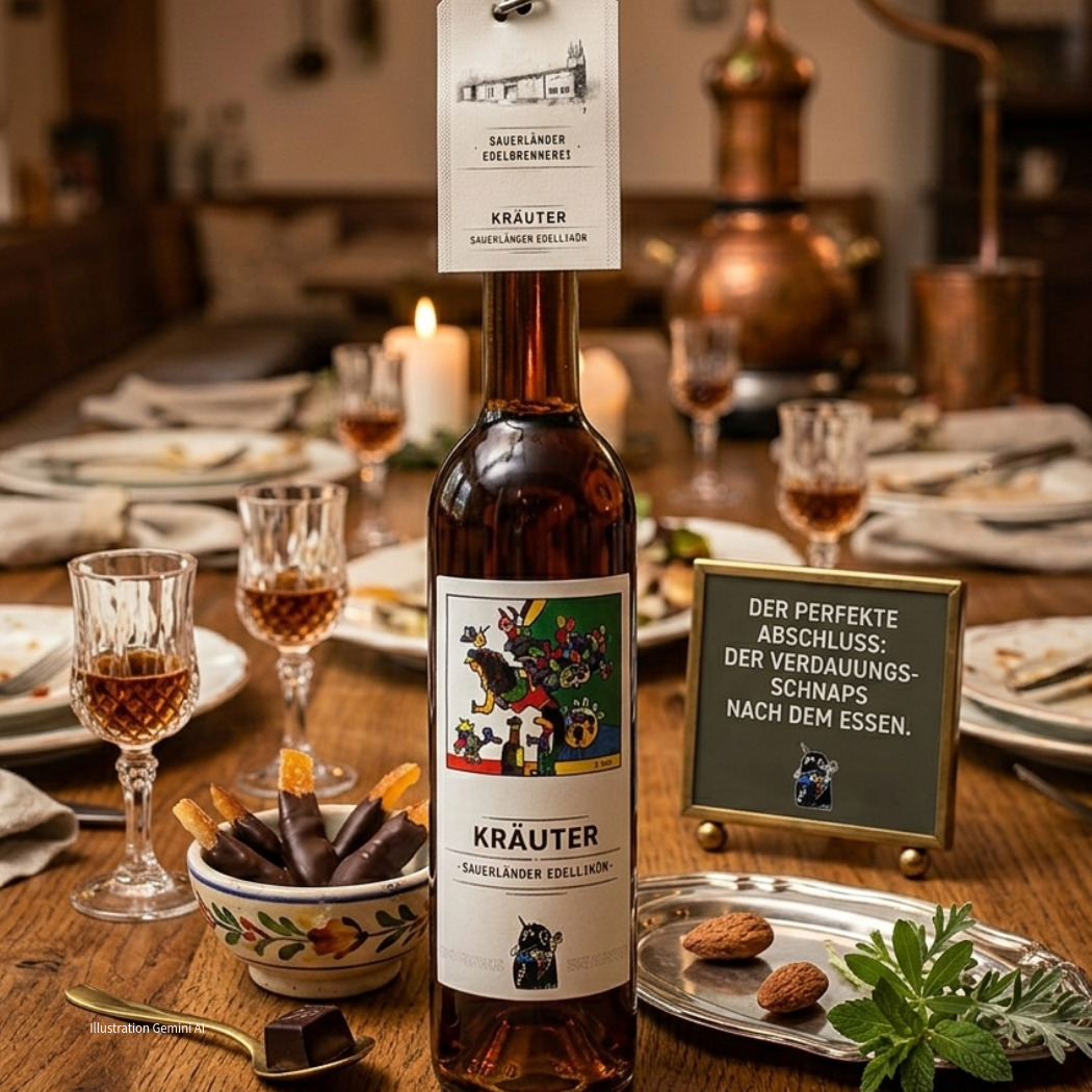 Kräuterlikör in einer eleganten Flasche mit buntem Etikett, umgeben von Gläsern und Snacks auf einem Tisch.